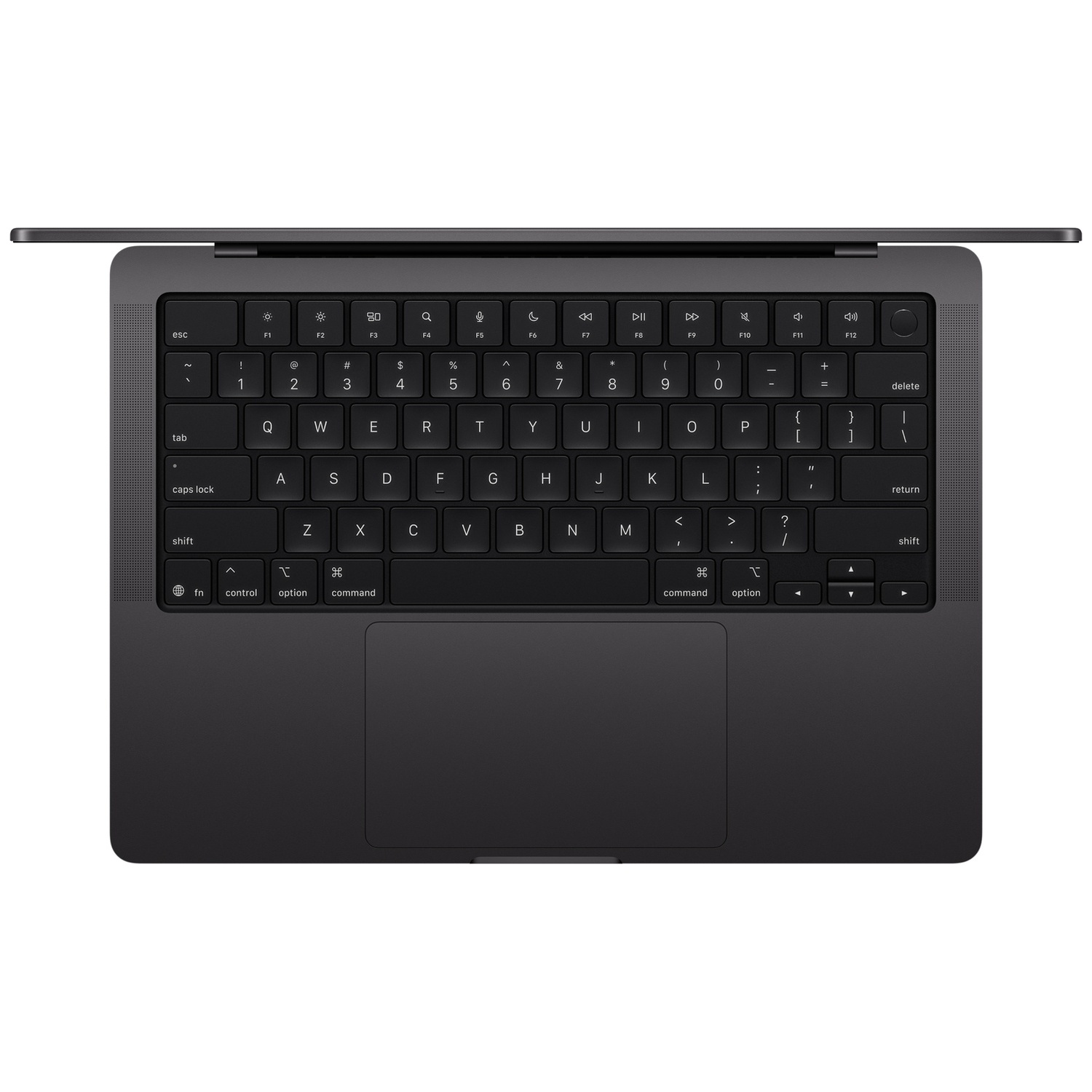 A top-down view of a black laptop keyboard. The keyboard has white letter keys and a large trackpad.