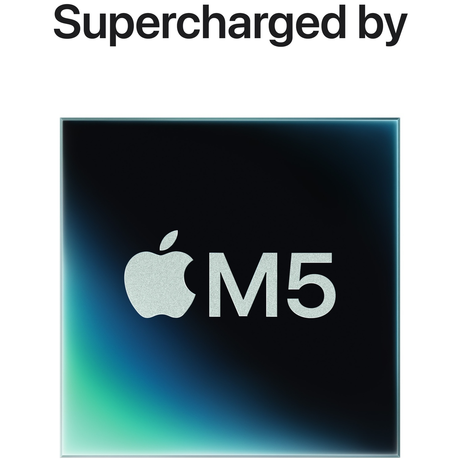Image features 'Supercharged by' text above a square with gradient colors. Inside is the Apple logo and the text 'M5'.