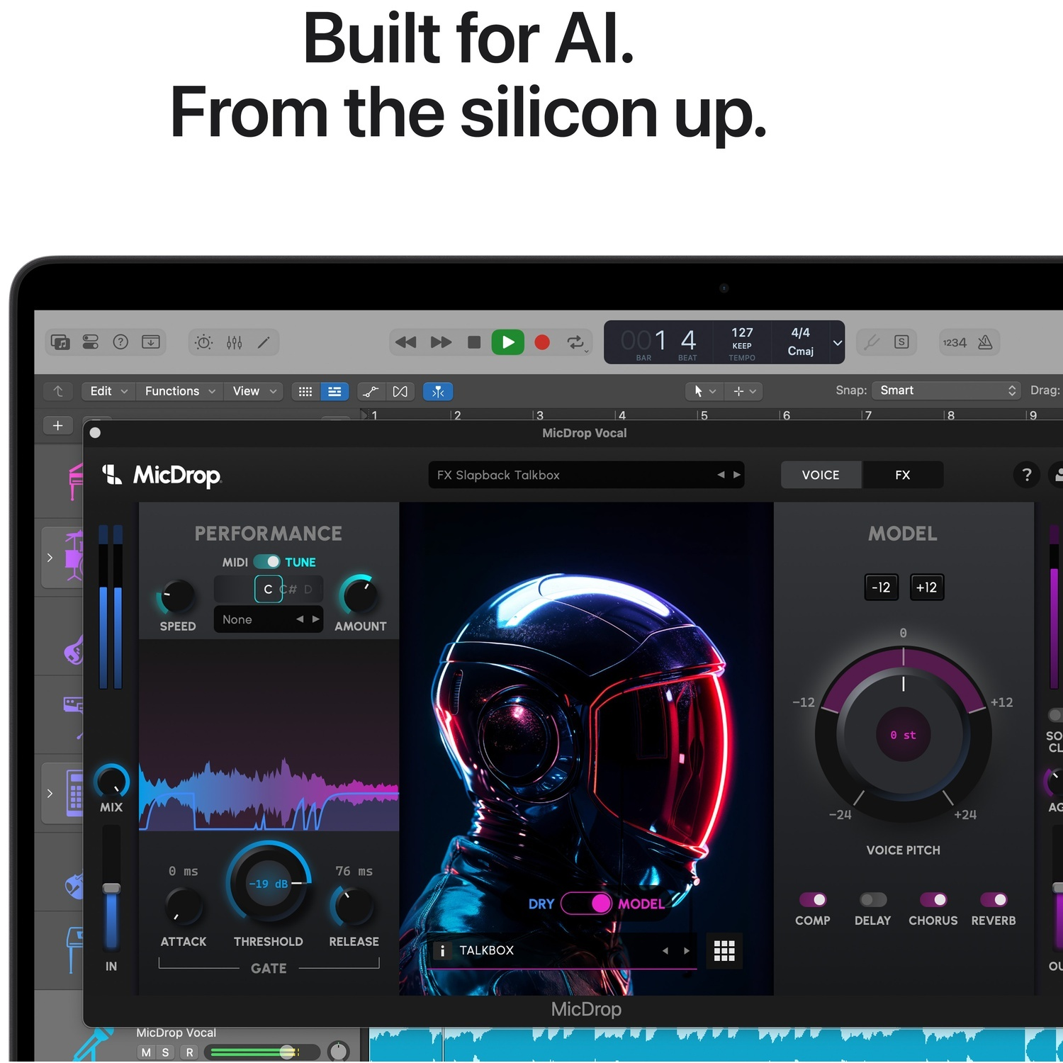 A laptop screen displays audio software with an astronaut graphic. Controls and waveforms are visible.