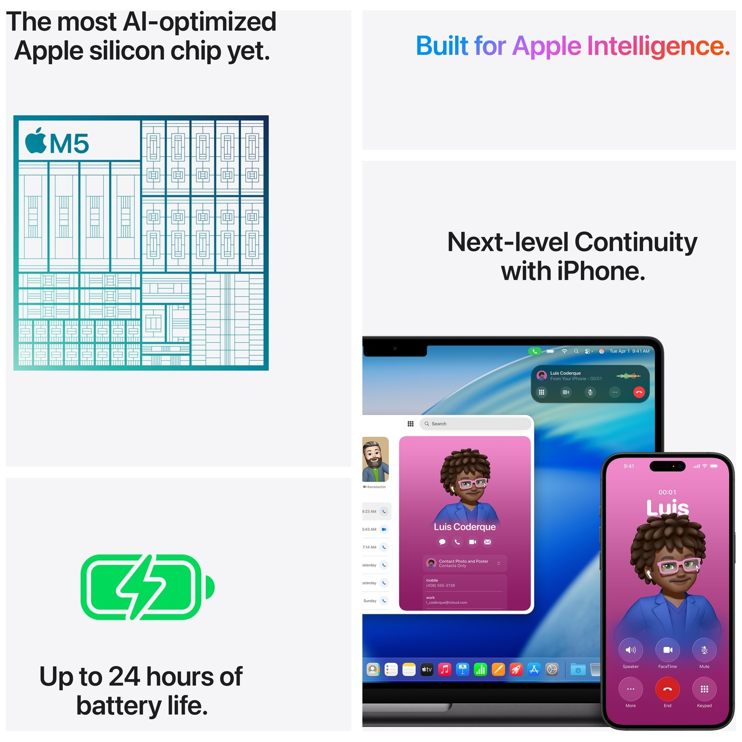 Image shows an Apple M5 chip, iPhone, and MacBook. Text says 'Up to 24 hours of battery life' and 'Built for Apple Intelligence'.