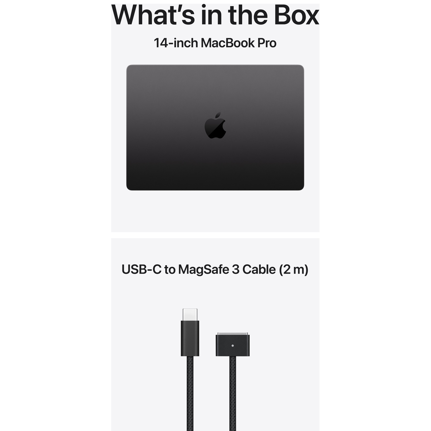 Image shows a 14-inch MacBook Pro and a black USB-C to MagSafe 3 cable. Both items are set against a white background.
