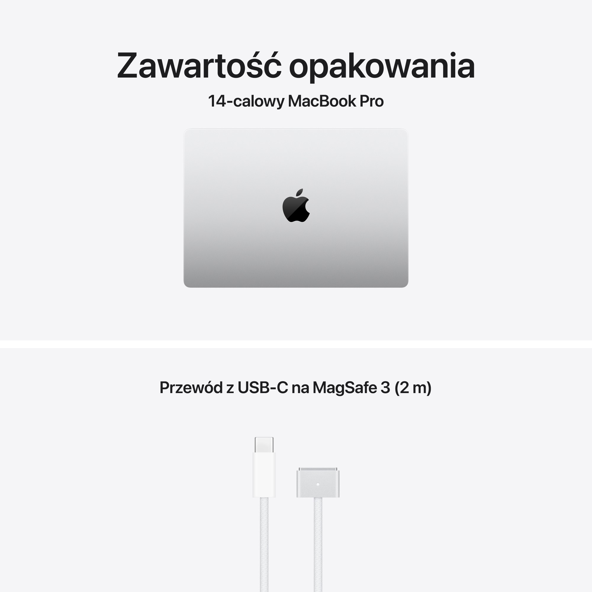 Obrazek przedstawia MacBooka Pro i kabel USB-C do MagSafe 3. Tekst po polsku opisuje zawartość.