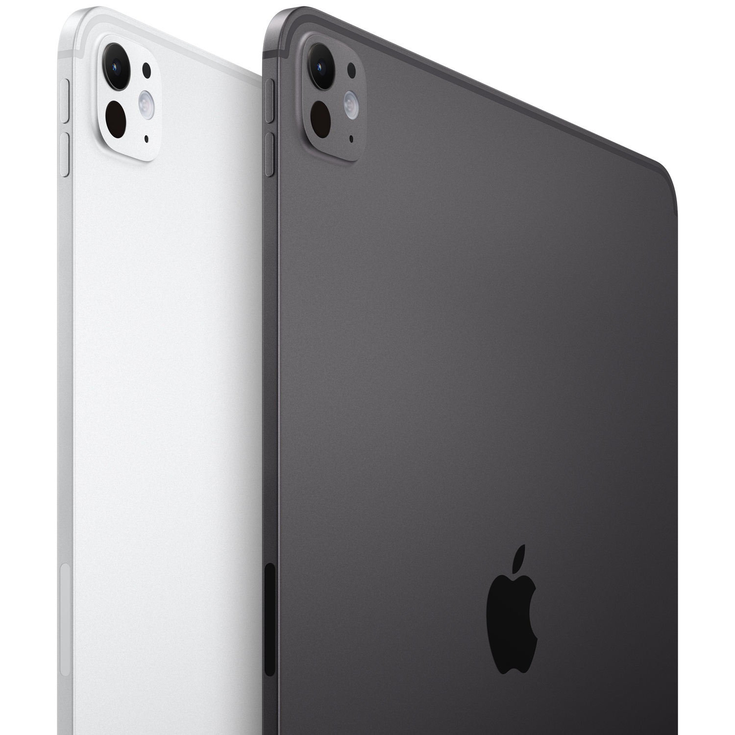 Er worden twee tablets getoond, één witte en één grijze. Beide hebben camerabobbels en Apple-logo's. De grijze is scherp, de witte wazig.