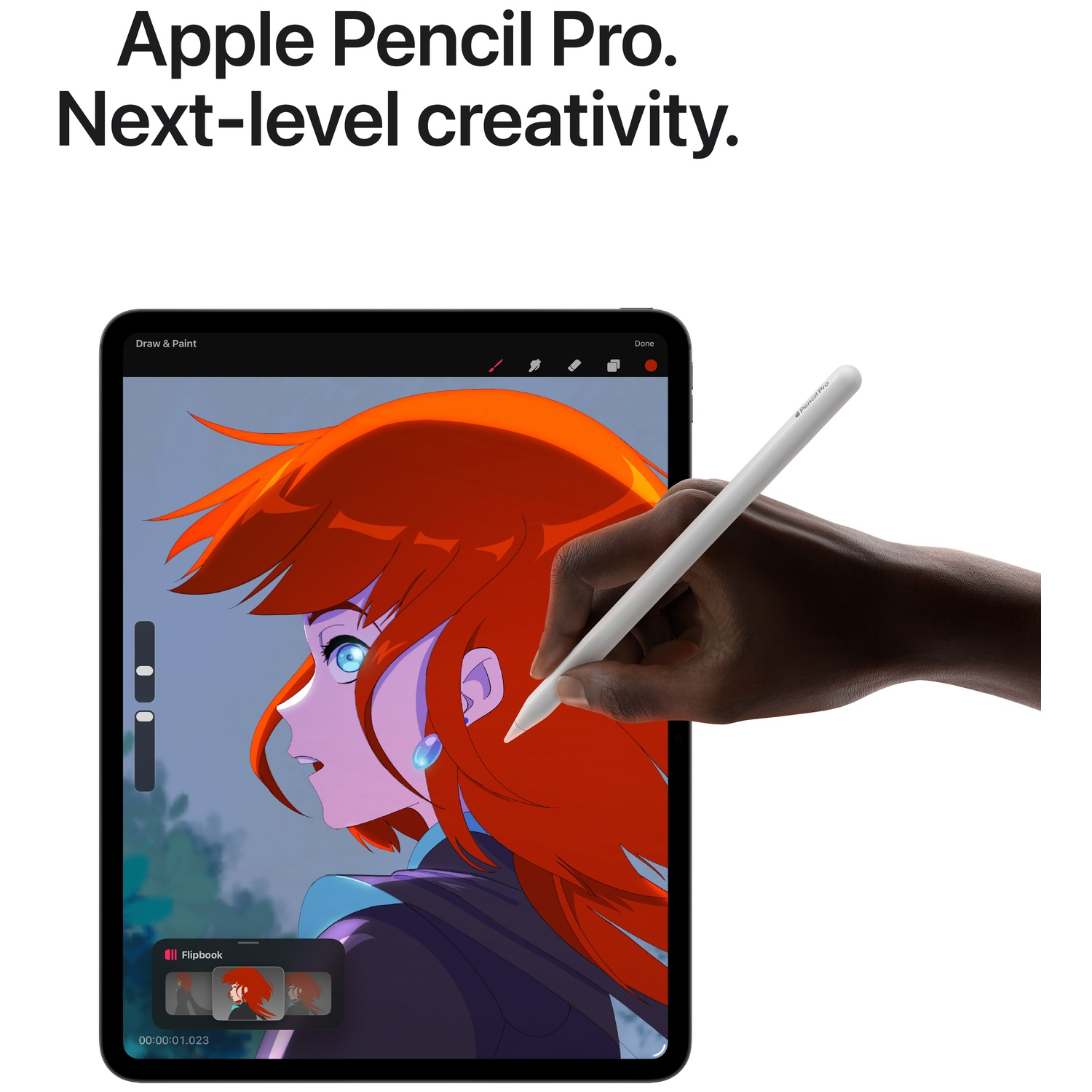 Een iPad toont een animatie van een roodharig personage met een witte Apple Pencil Pro in de hand, tegen een witte achtergrond.