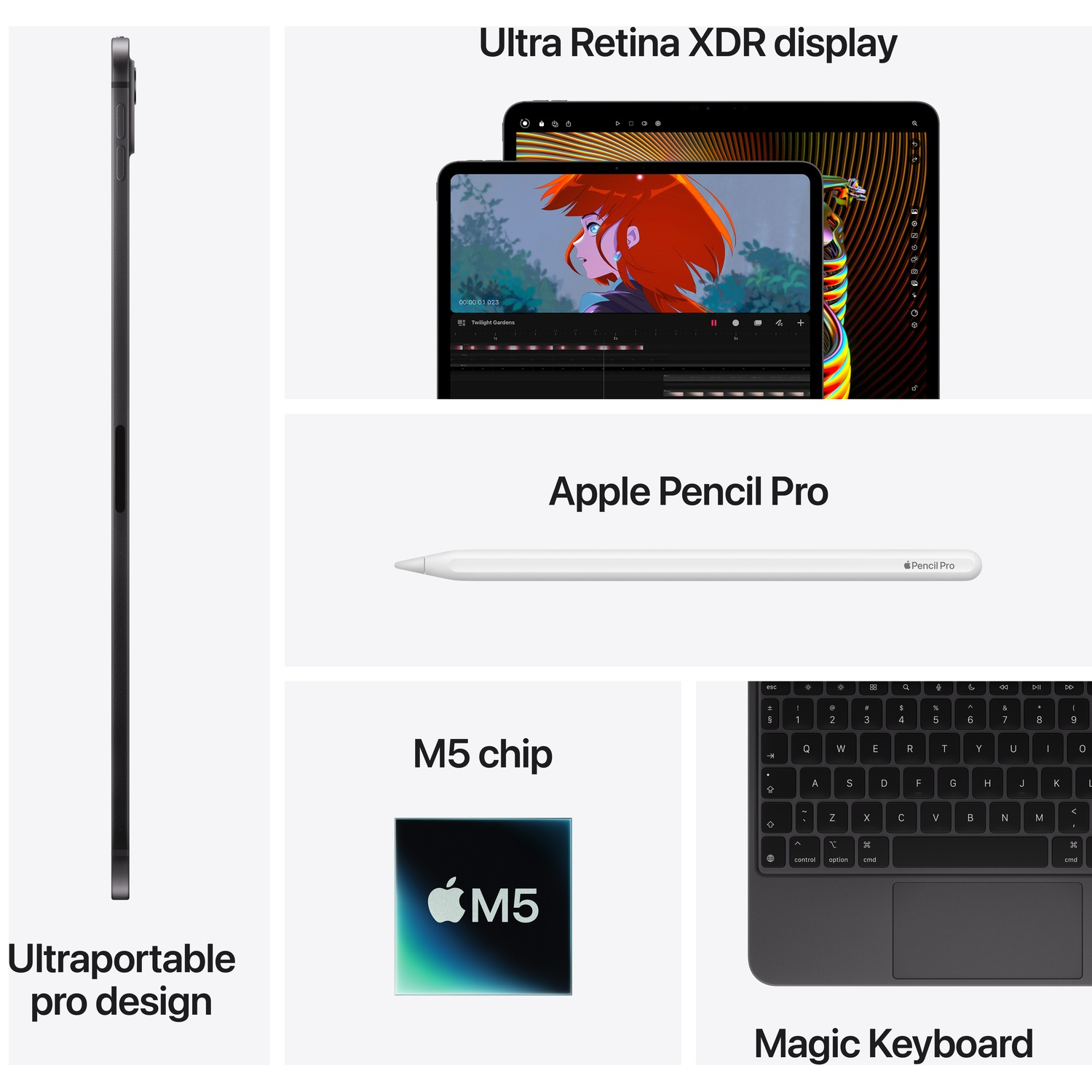 Afbeelding toont een iPad, Apple Pencil Pro, Magic Keyboard en een M5-chip. Tekst benadrukt Ultra Retina XDR display en pro design.