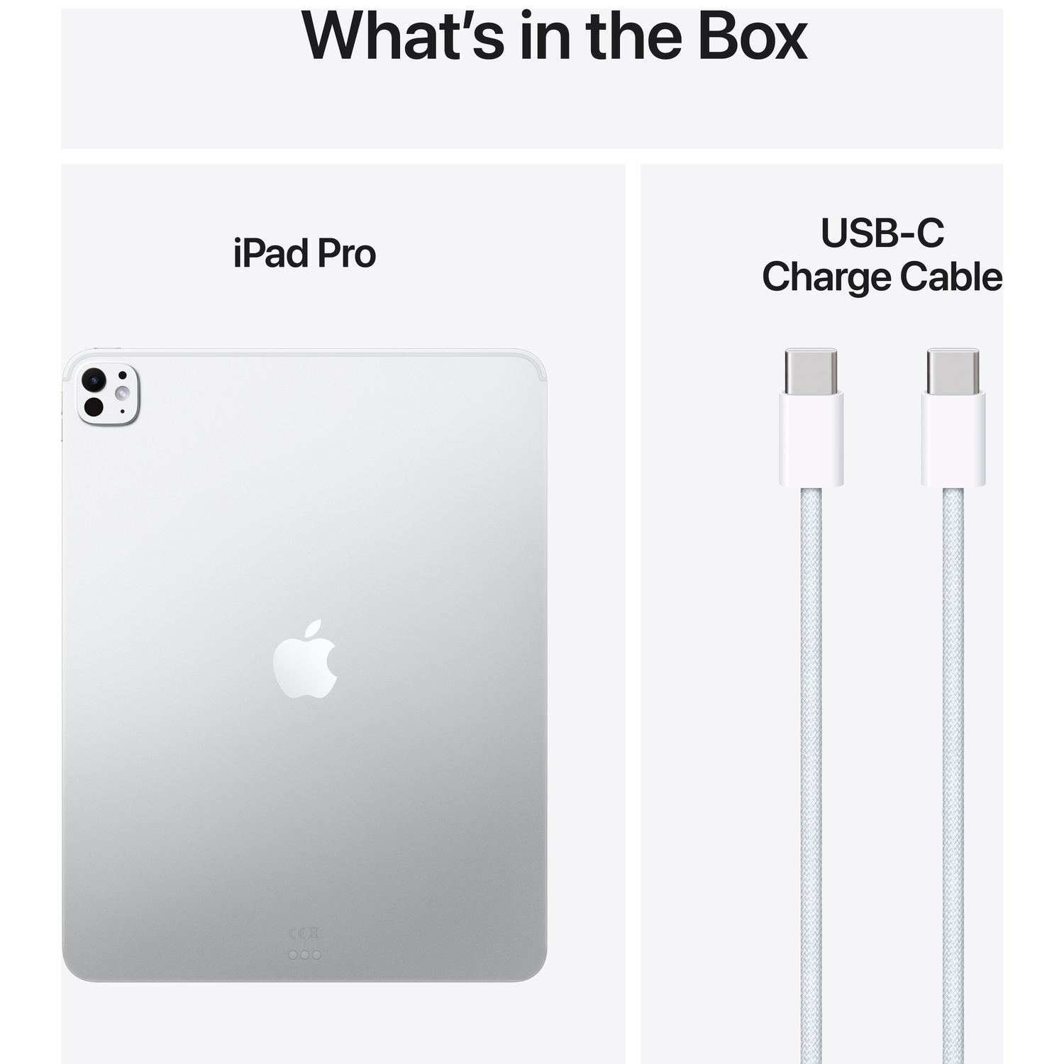 Afbeelding toont een iPad Pro en een USB-C oplaadkabel. De iPad is zilver met het Apple-logo. Kabels zijn wit.