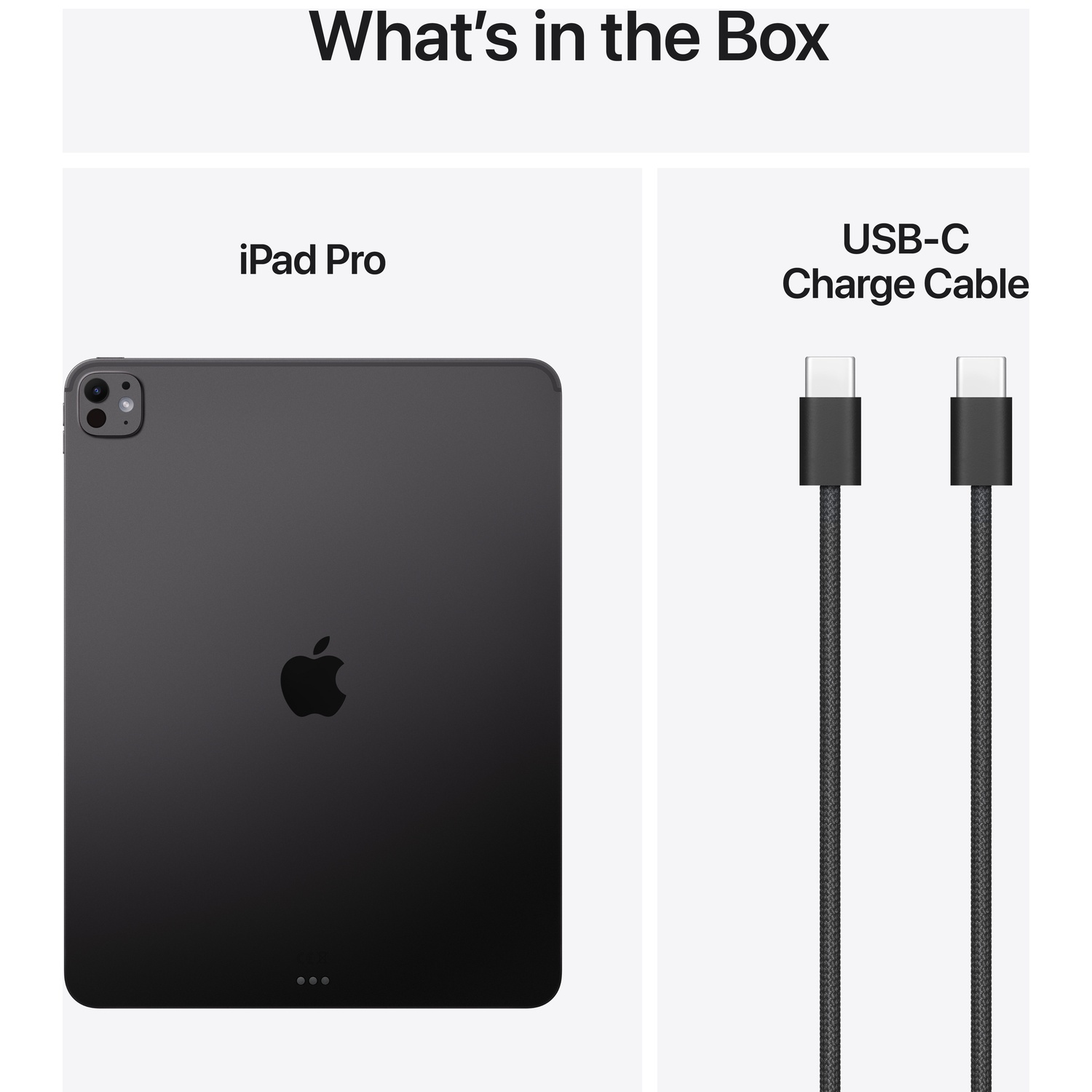 L'image montre le contenu d'une boîte d'iPad Pro : tablette iPad Pro, câble de charge USB-C. L'iPad est gris foncé, avec logo Apple.