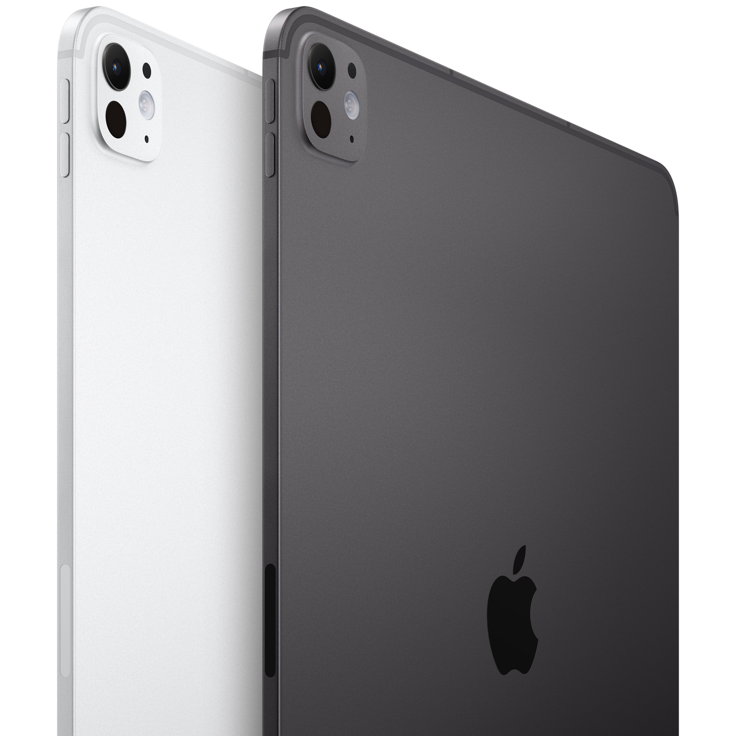 Deux tablettes, une blanche et une grise, sont affichées. La tablette grise a un logo Apple. Les deux ont des modules caméra à l'arrière.