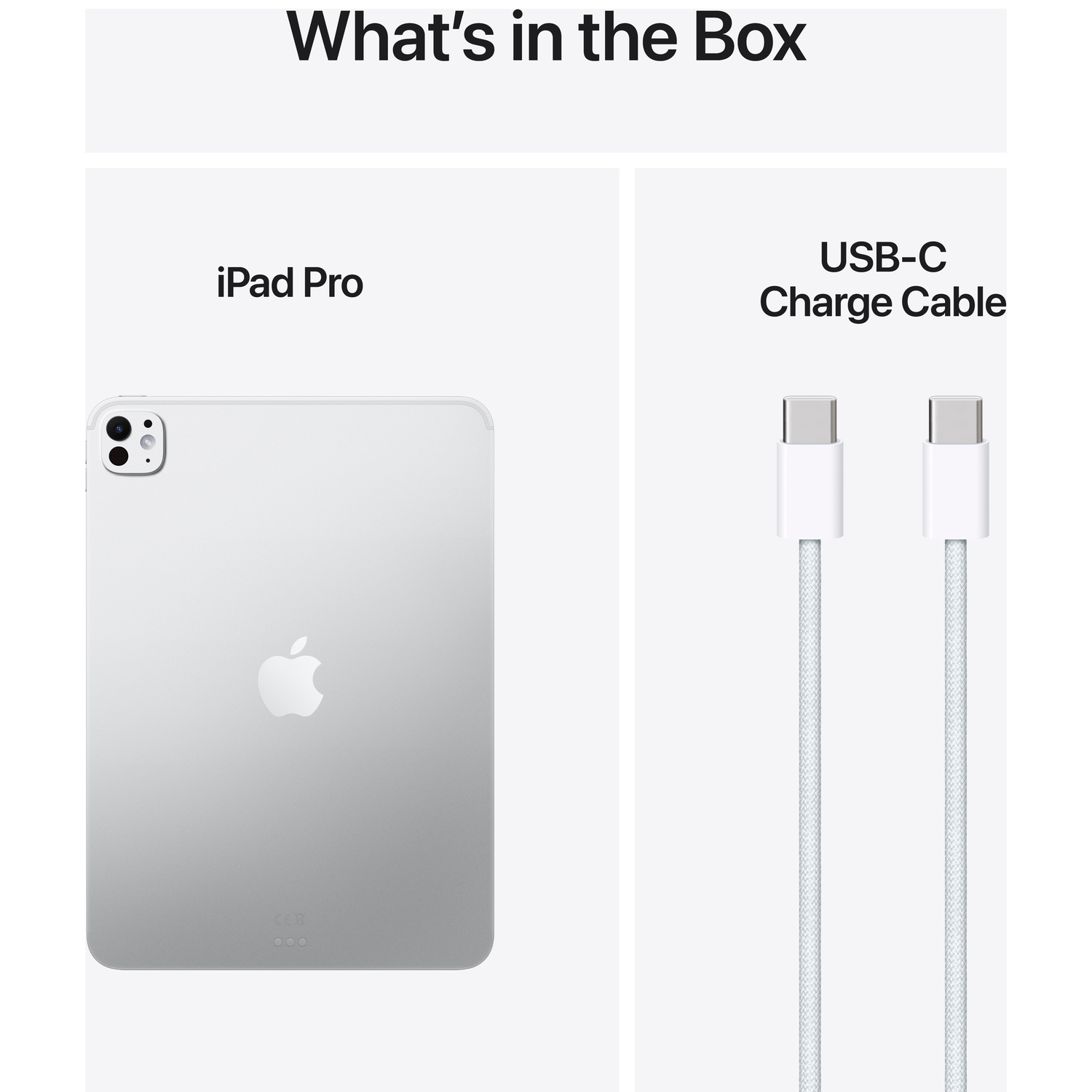 L'image montre un iPad Pro et un câble de charge USB-C sur fond blanc. L'iPad est argenté, et le câble est blanc.