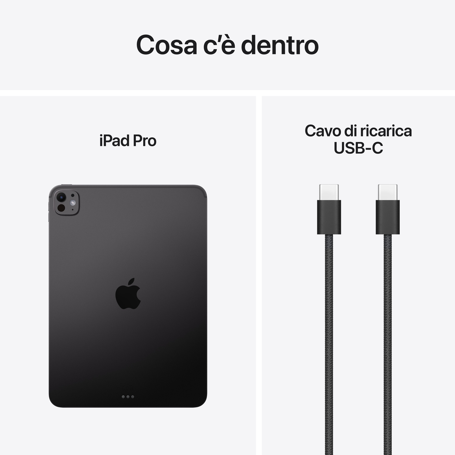 L'immagine mostra un iPad Pro e due cavi di ricarica USB-C. L'iPad è nero e i cavi sono neri con connettori bianchi.
