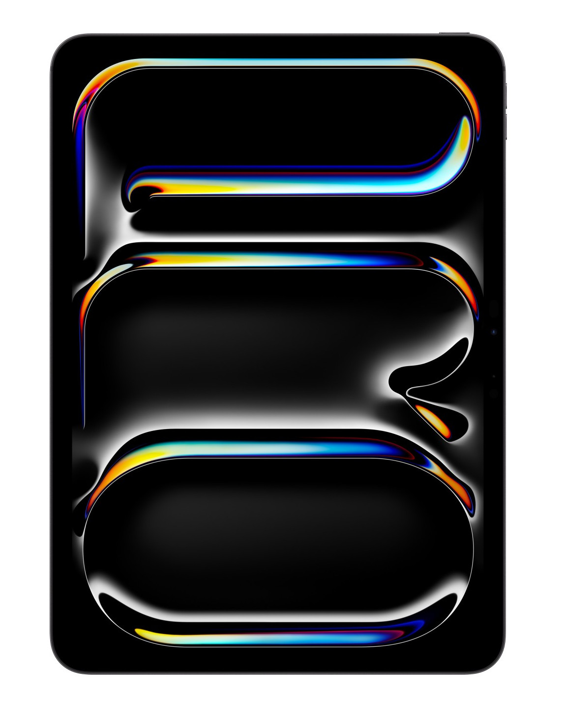 Abstrakcyjny wzór na czarnym tle. Zakrzywione linie z tęczowymi krawędziami tworzą kształt przypominający tablet.