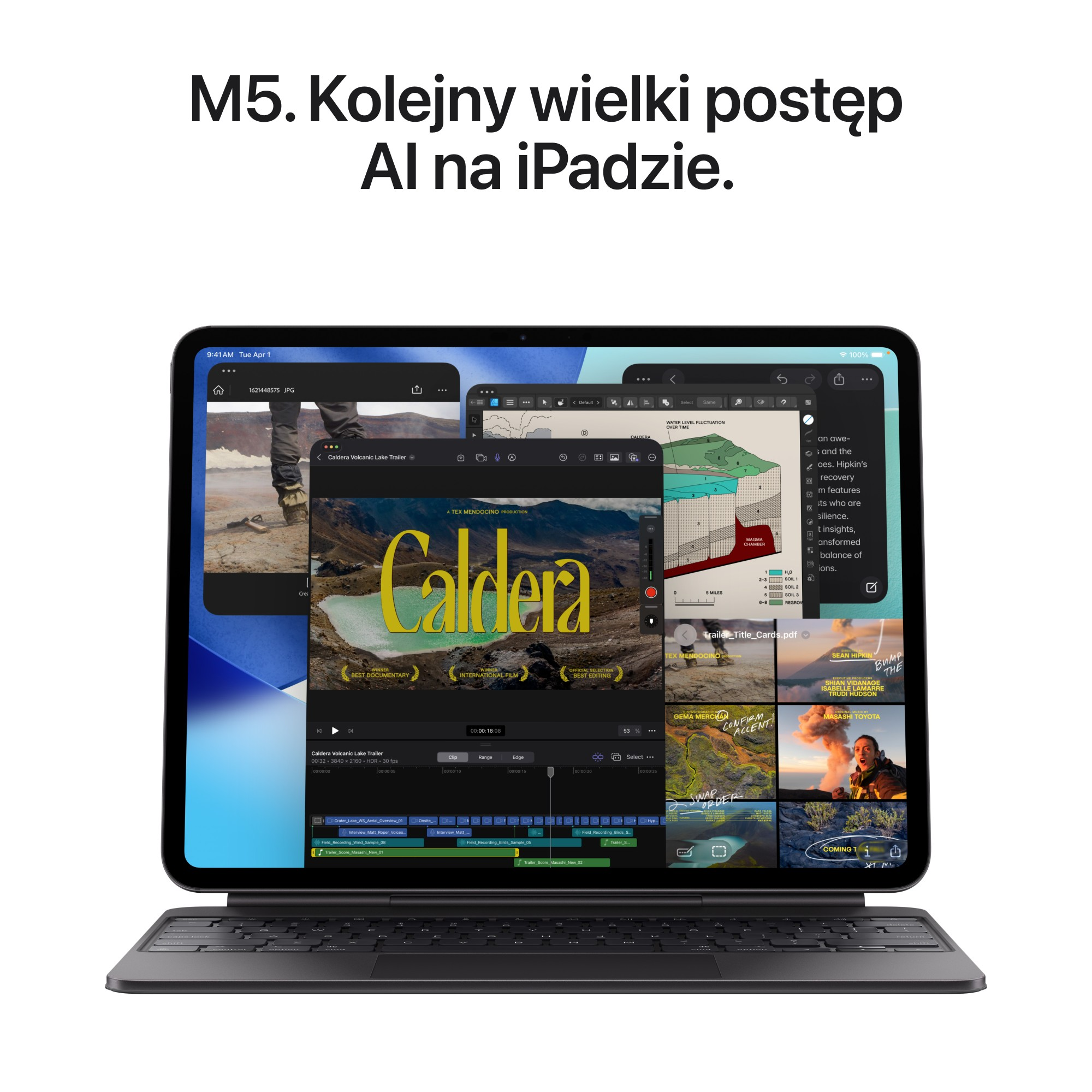 iPad z klawiaturą wyświetla aplikację do edycji wideo, pokazując dokument zatytułowany „Caldera”.
