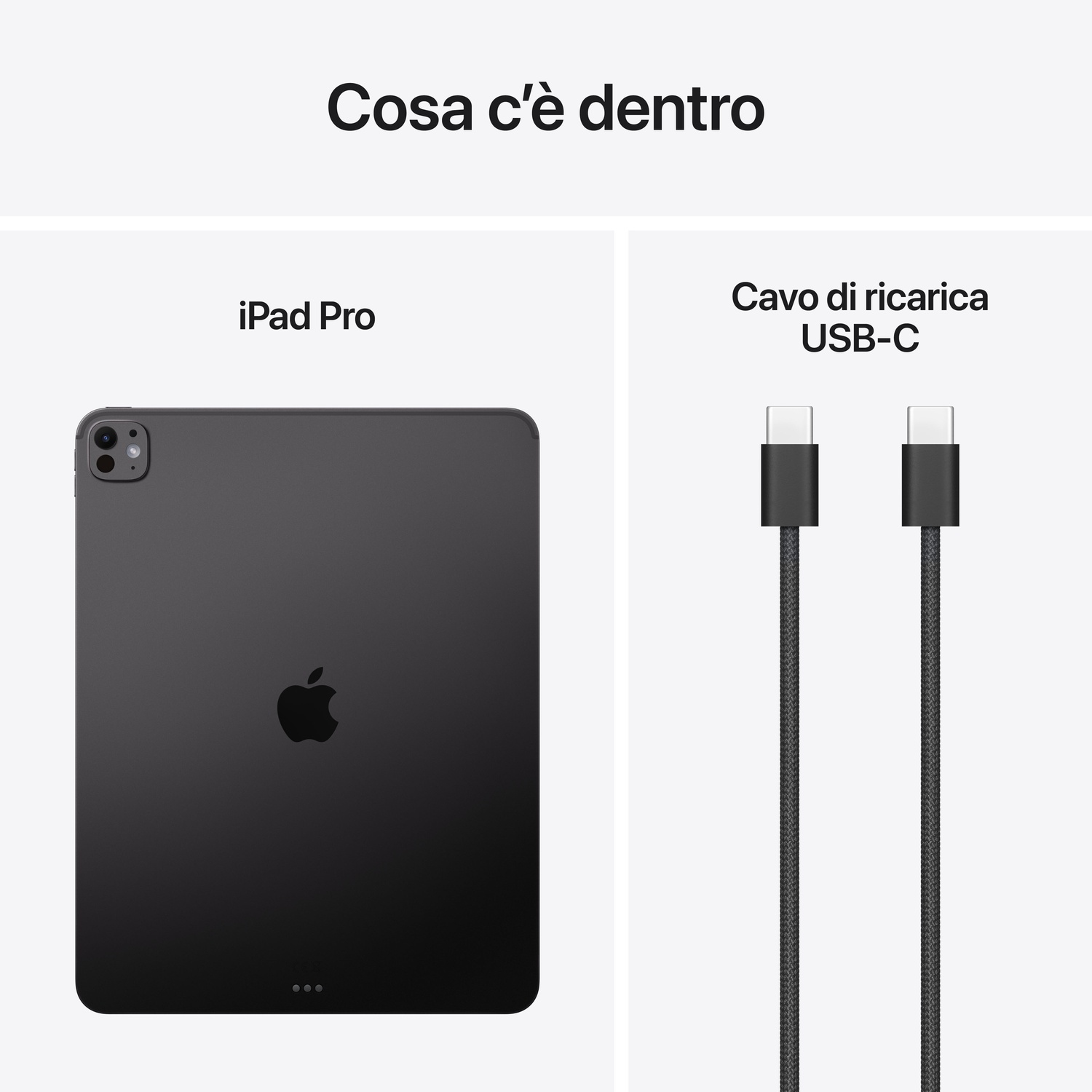 L'immagine mostra un iPad Pro e due cavi di ricarica USB-C. L'iPad è nero e i cavi sono neri con connettori bianchi.