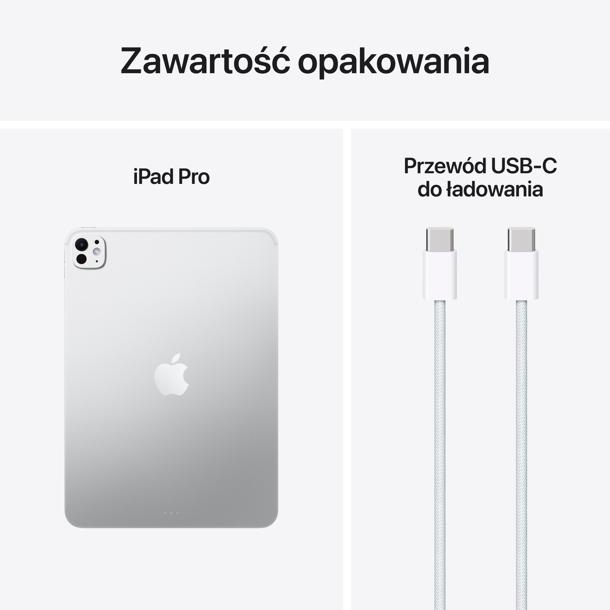 Zdjęcie przedstawia iPada Pro i kabel do ładowania USB-C. iPad jest srebrny z logo Apple.