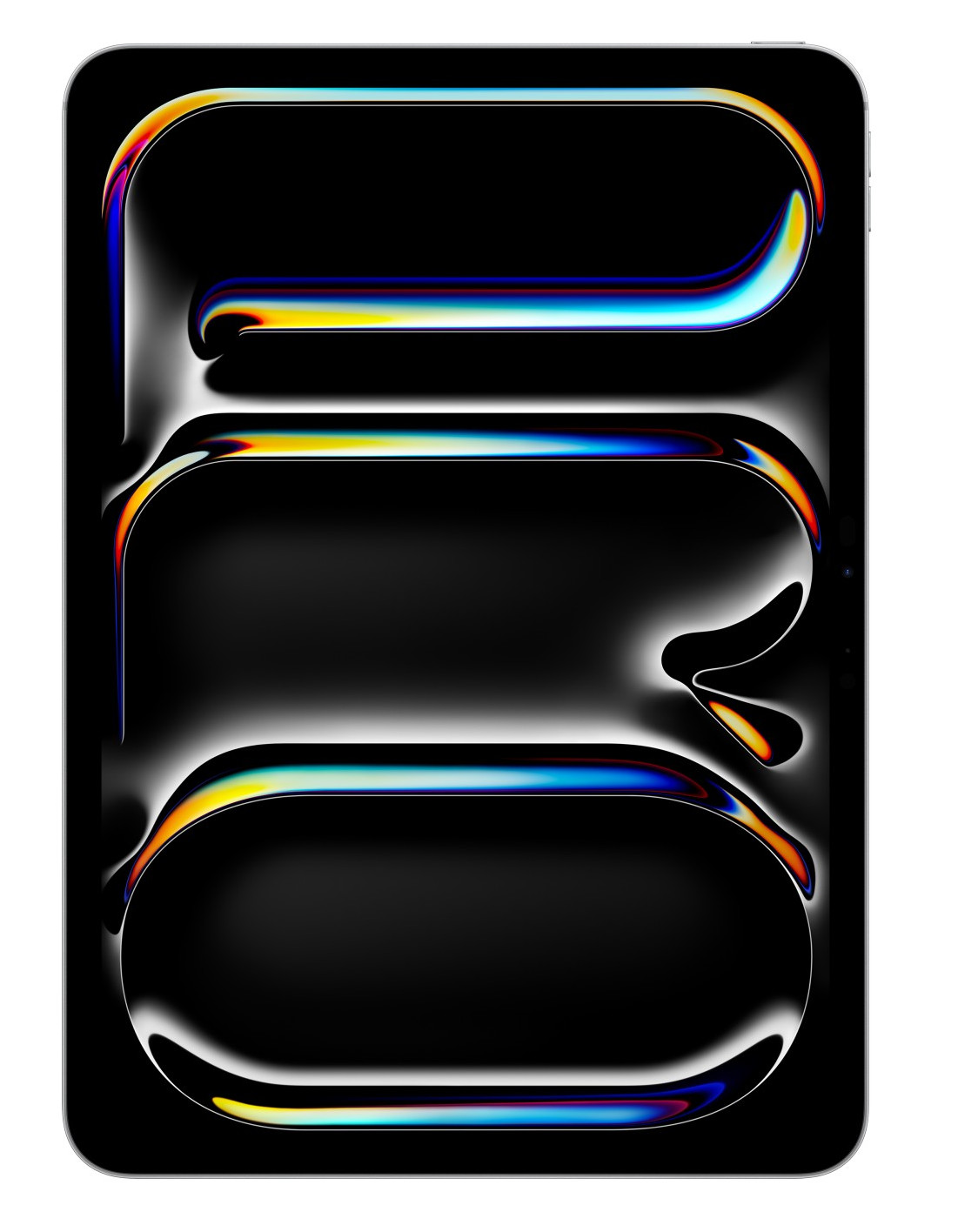 Abstrakcyjny obraz na tablecie. Zawiera trzy zakrzywione prostokątne kształty z tęczowymi krawędziami na czarnym tle.