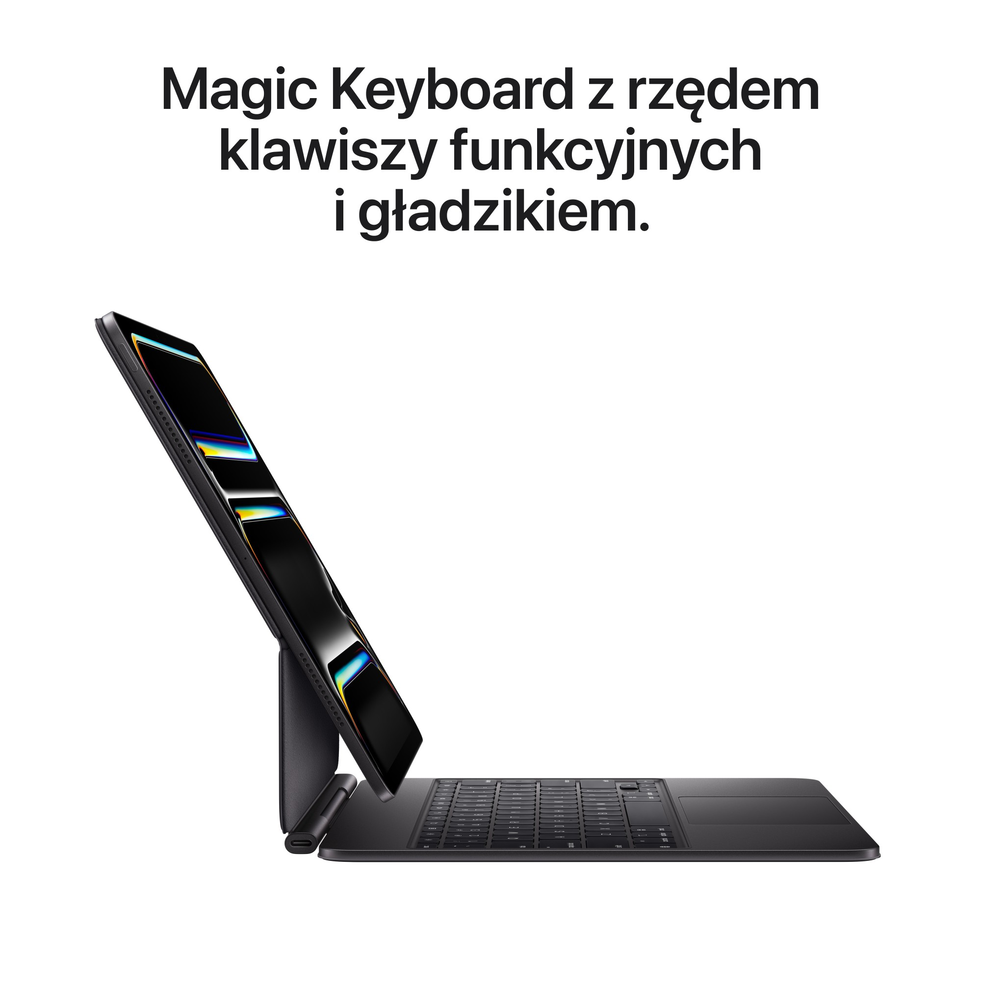 Czarna Magic Keyboard z iPadem. Klawiatura ma gładzik i klawisze funkcyjne. iPad jest czarny z kolorowym ekranem.