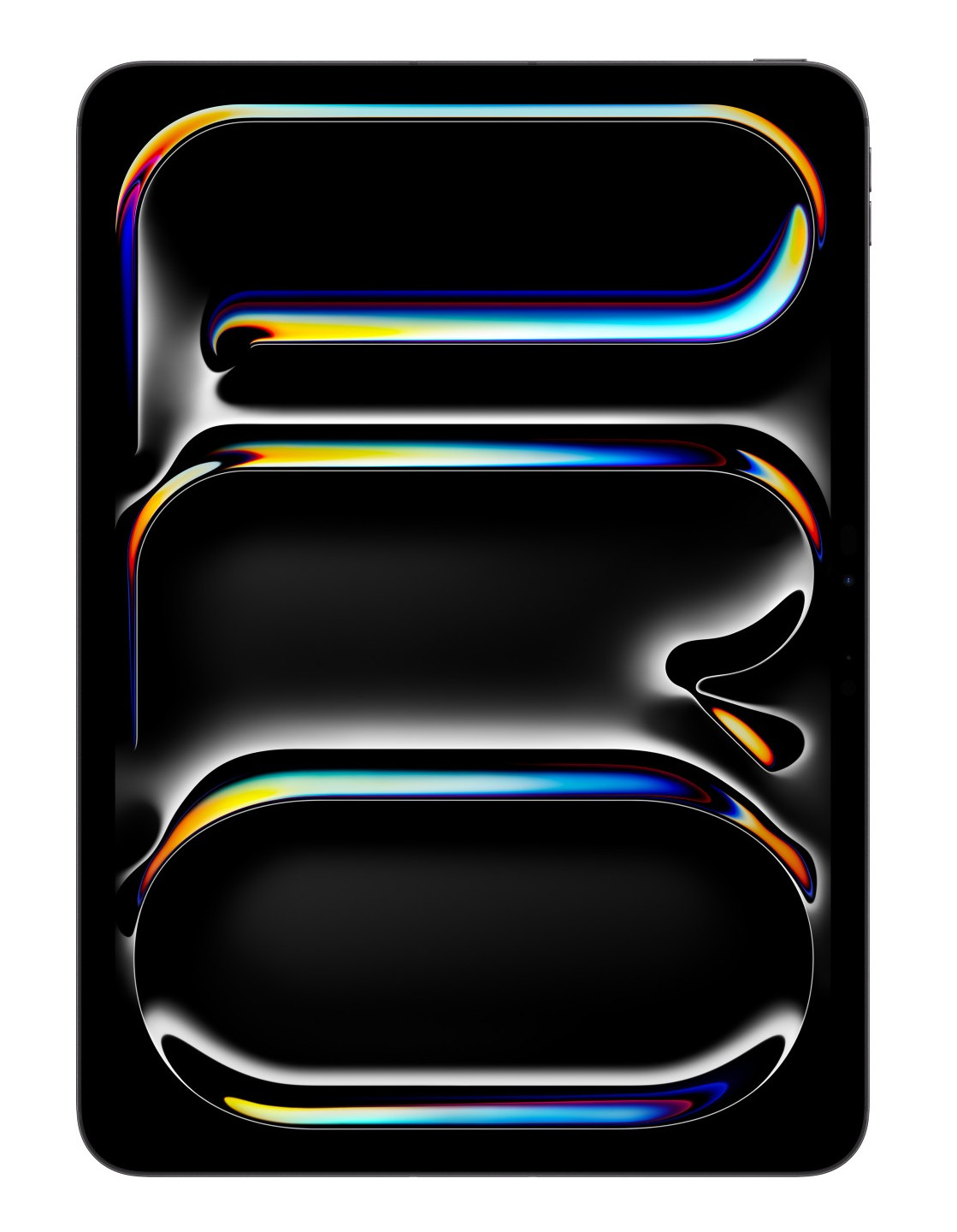 Cyfrowe dzieło sztuki na czarnym tablecie. Zawiera zakrzywione, kolorowe linie na czarnym tle, tworząc abstrakcyjny wzór.