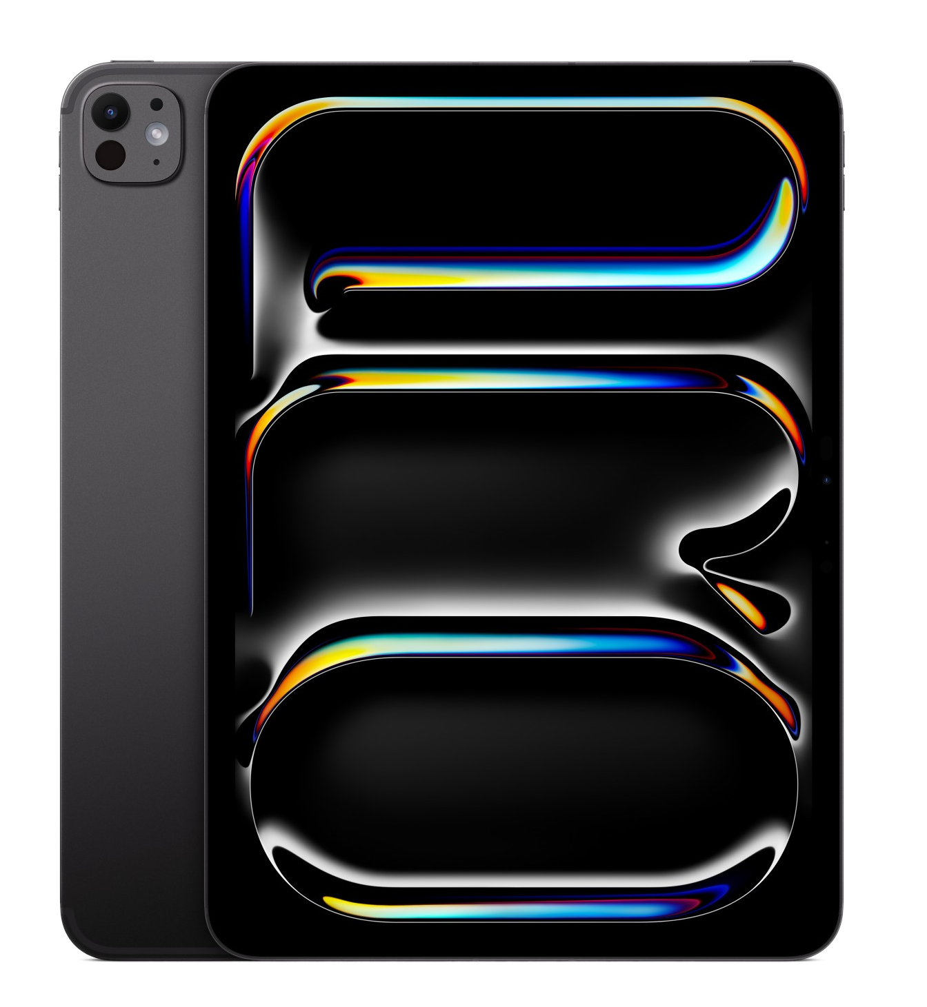 Ciemnoszary tablet z czarnym ekranem, wyświetlający kolorowe, zakrzywione linie. Tablet ma aparat z tyłu.