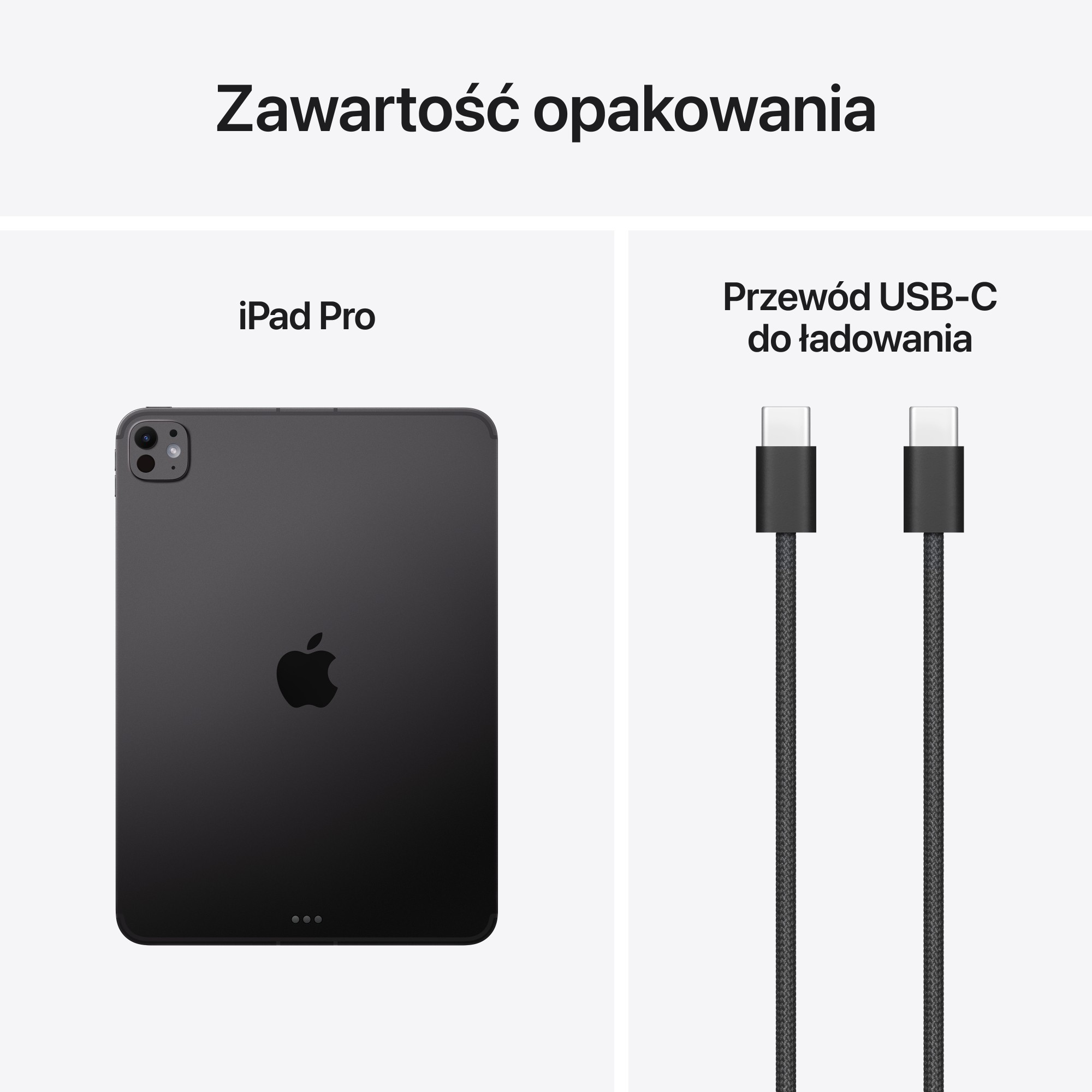 Obraz przedstawia iPada Pro i kabel ładujący USB-C na białym tle. Tekst powyżej brzmi: Zawartość opakowania.