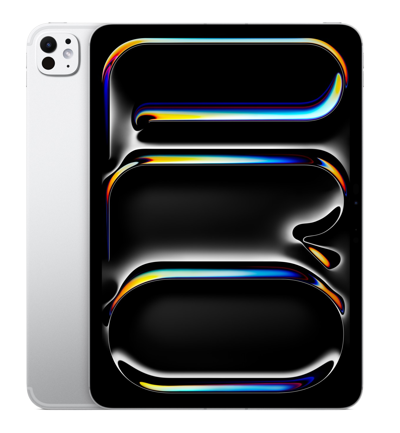 Tablet op czarnym tle z świecącymi, kolorowymi kształtami. Tablet jest srebrny z aparatem z tyłu.