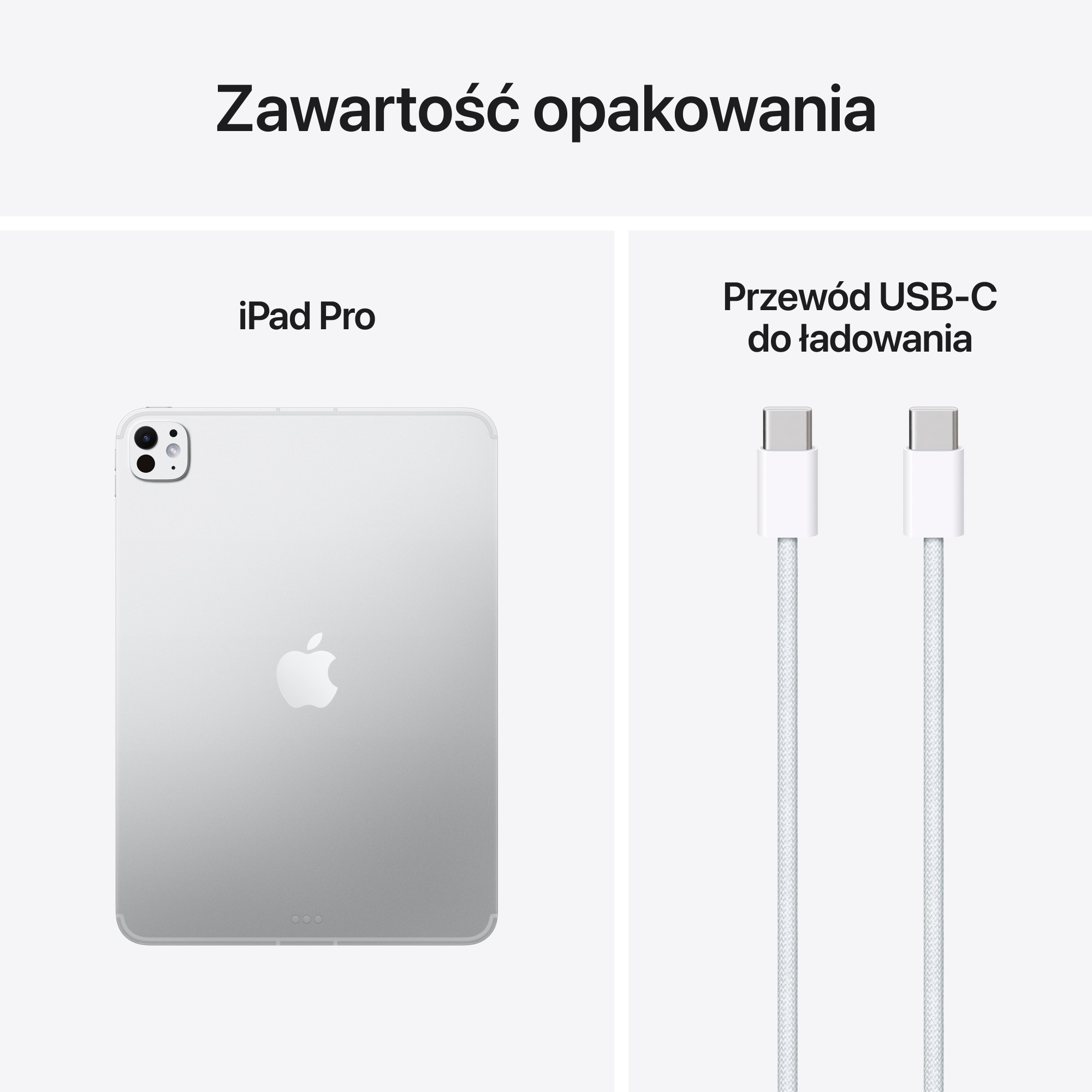 iPad Pro i dwa białe kable ładujące USB-C na białym tle. Tekst: Zawartość opakowania (Zawartość opakowania).