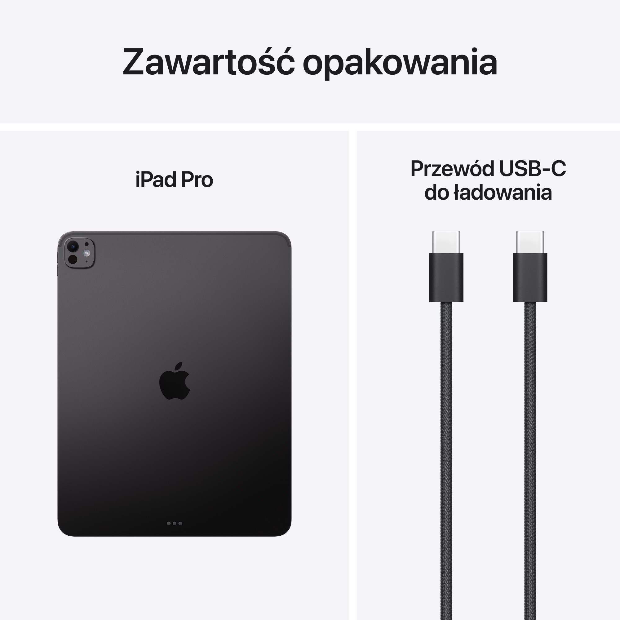 Obraz przedstawia iPada Pro i kabel do ładowania USB-C. iPad jest czarny, a kabel czarny z białymi złączami.
