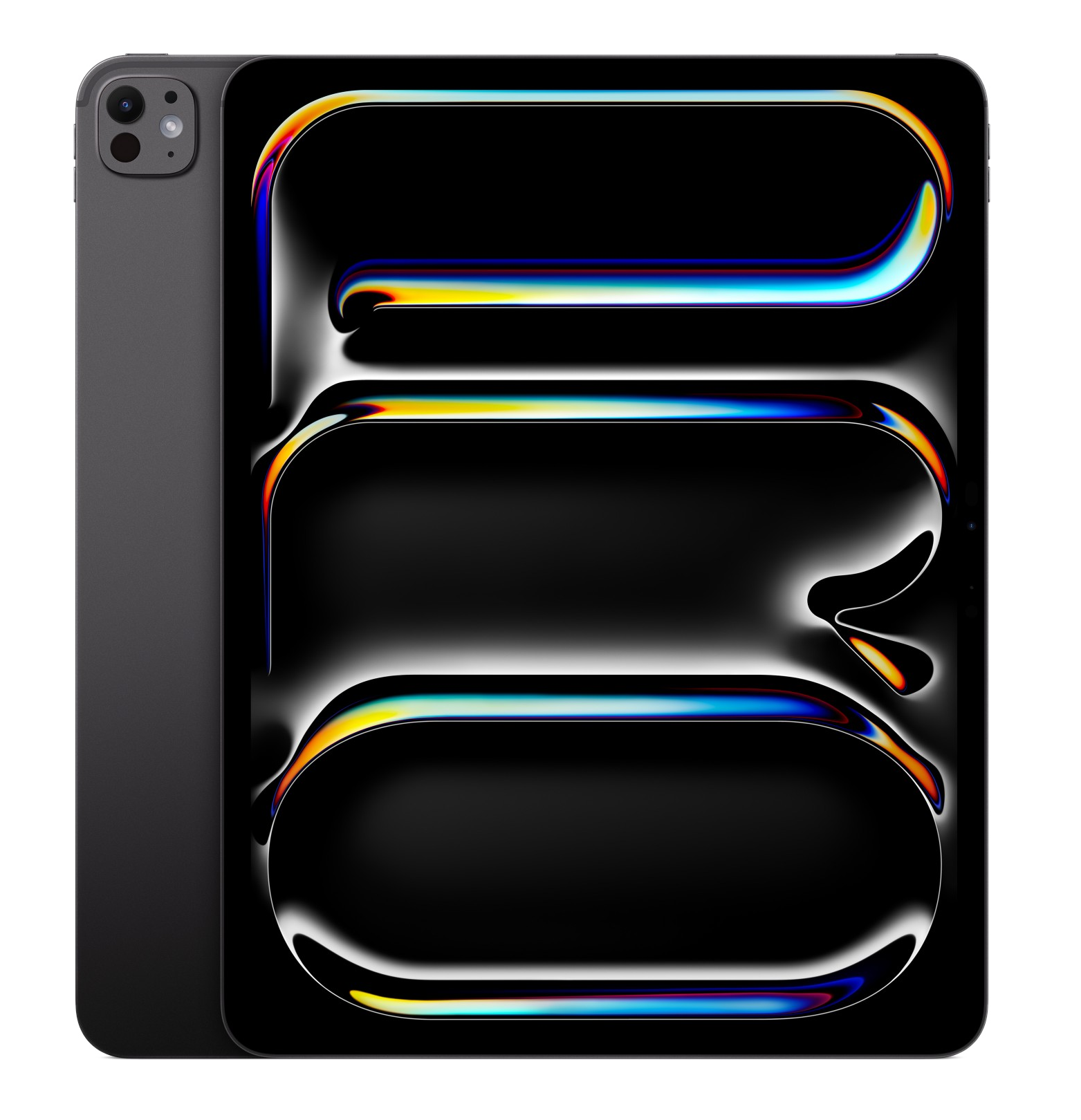 iPad Pro z czarnym ekranem wyświetlającym abstrakcyjne, kolorowe kształty. Urządzenie jest szare i ma kamery.