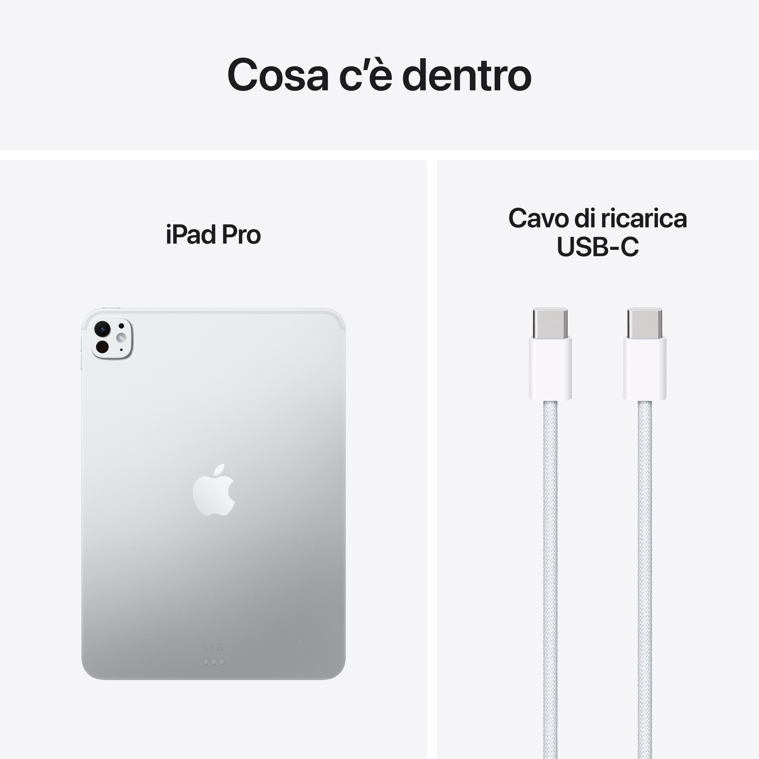 L'immagine mostra un iPad Pro e un cavo di ricarica USB-C. L'iPad è argento con il logo Apple. Il cavo è bianco.