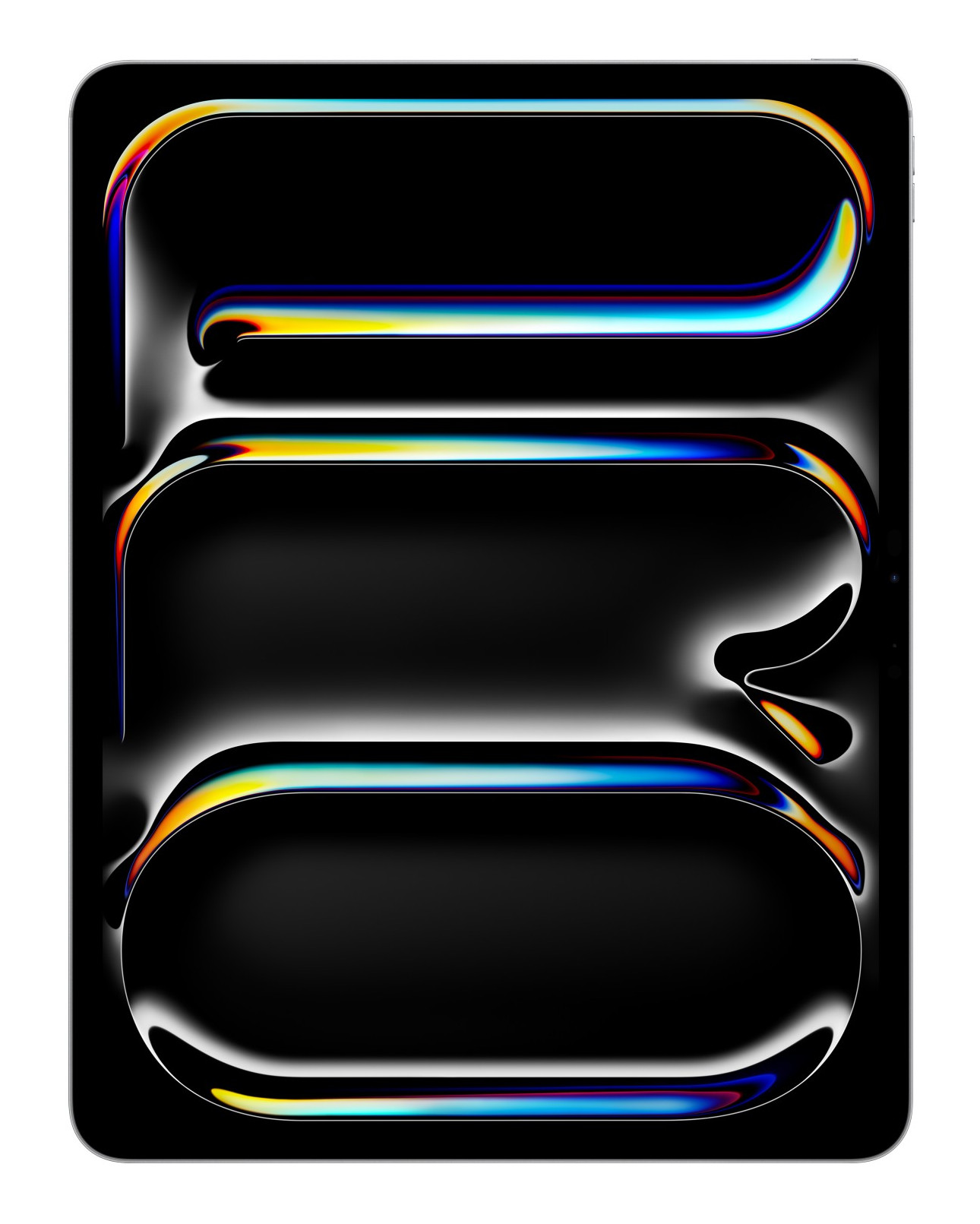 Abstrakcyjny wzór na czarnym tle z trzema zaokrąglonymi prostokątnymi kształtami obrysowanymi kolorowymi gradientami.