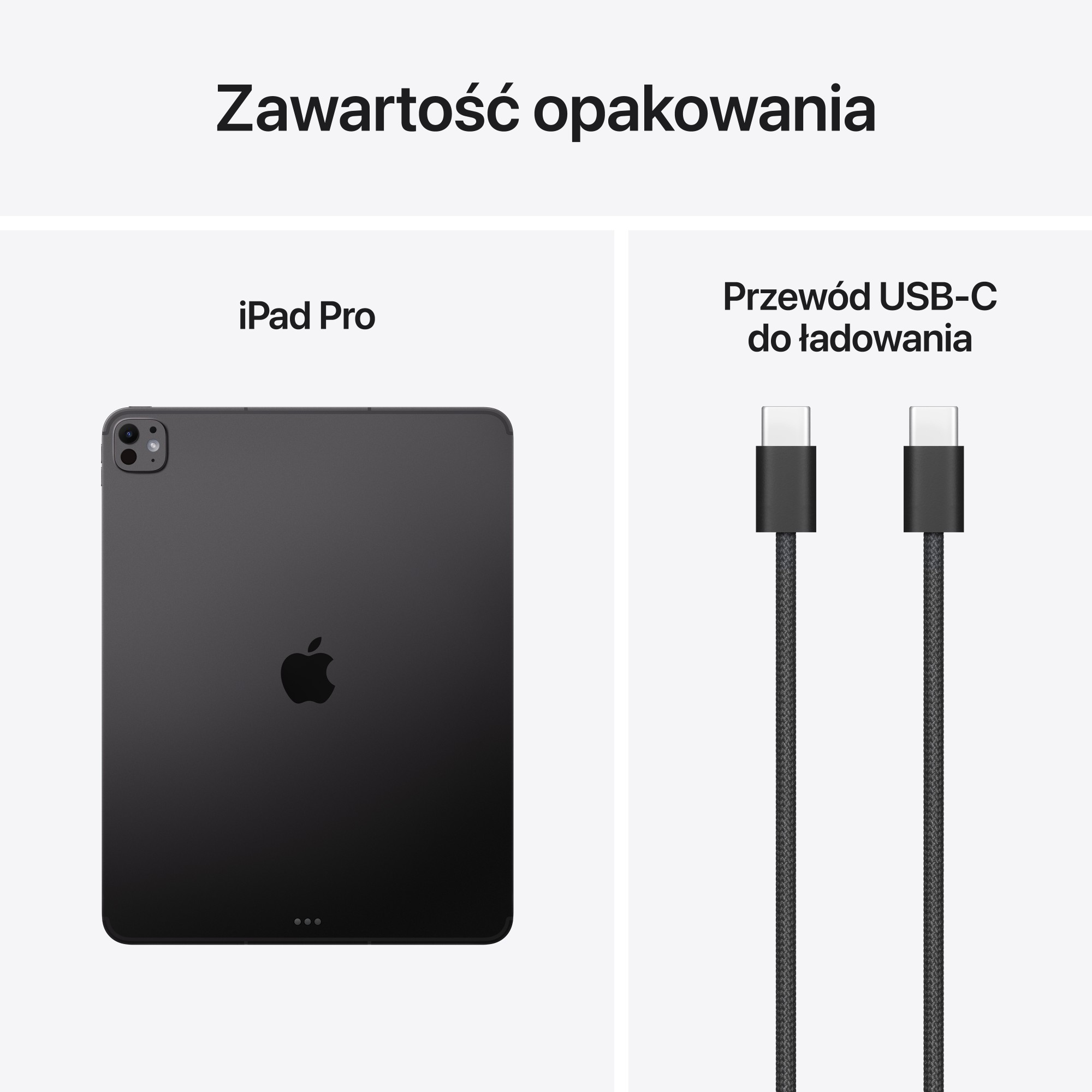 iPad Pro i dwa czarne kable USB-C na białym tle. iPad jest czarny, z widocznym logo Apple.