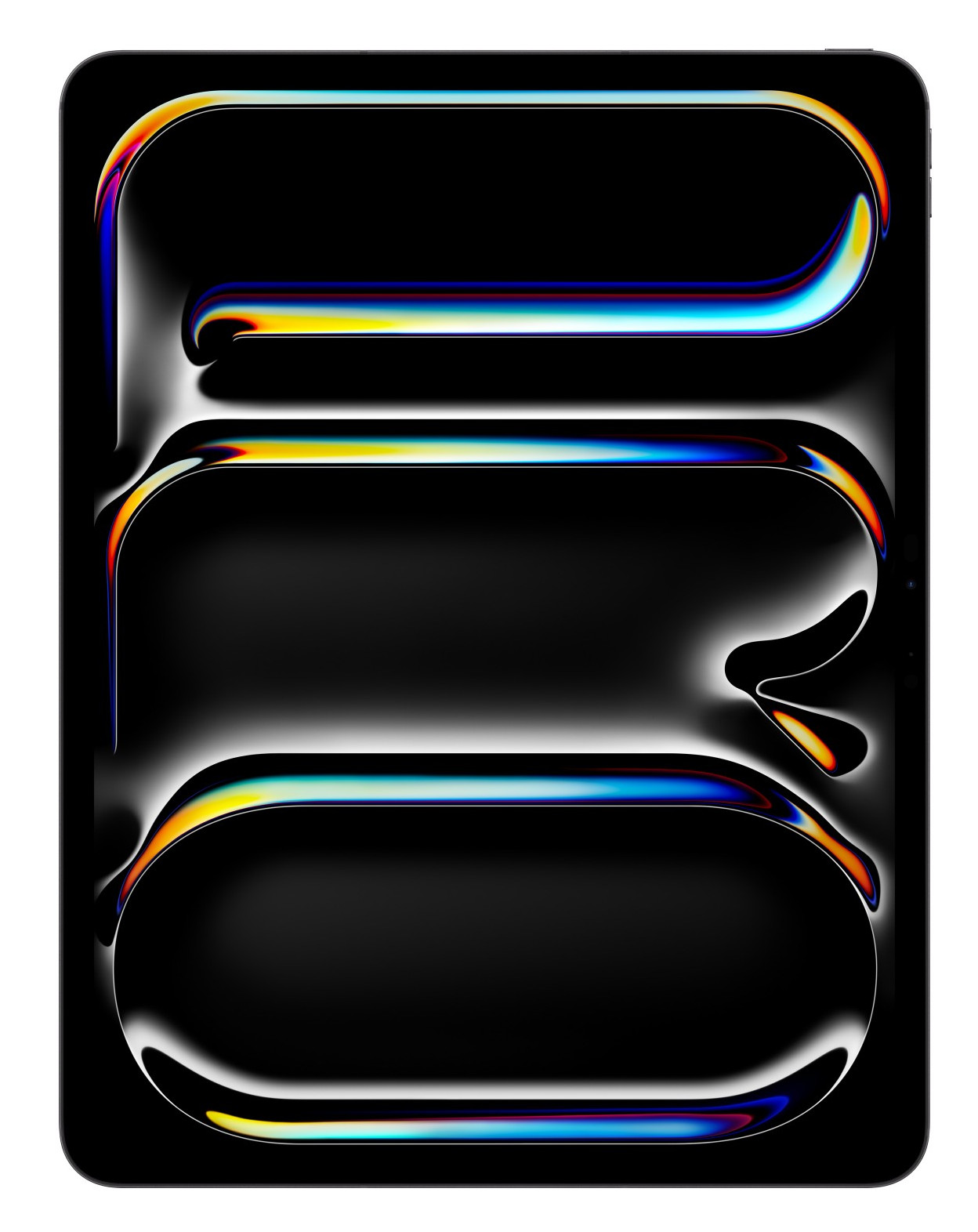 Tablet z czarnym ekranem ma trzy zakrzywione, podświetlone kształty z kolorowymi gradientami.
