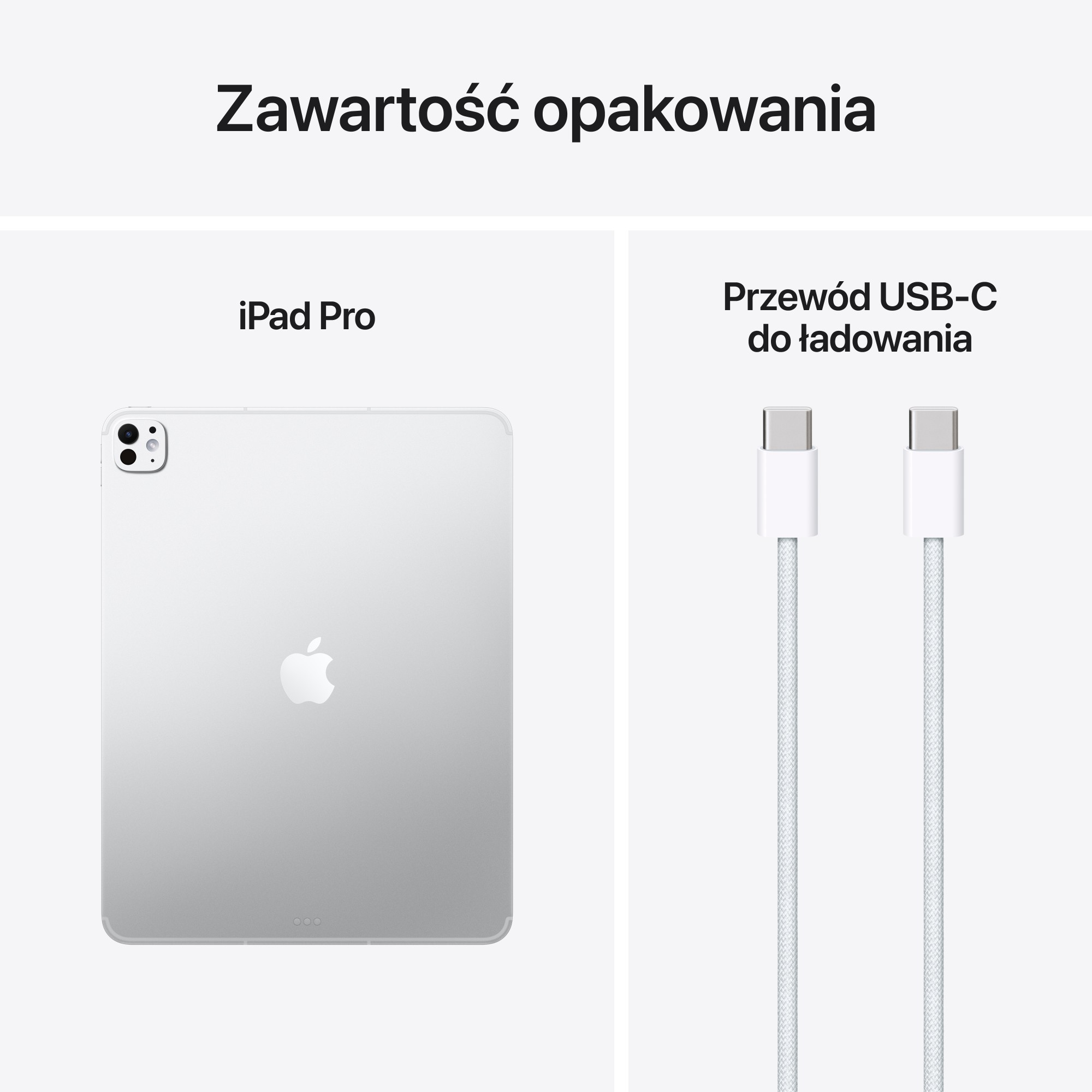 Obraz przedstawia iPada Pro, kabel USB-C i tekst w języku polskim. iPad jest srebrny. Kable mają białe złącza.
