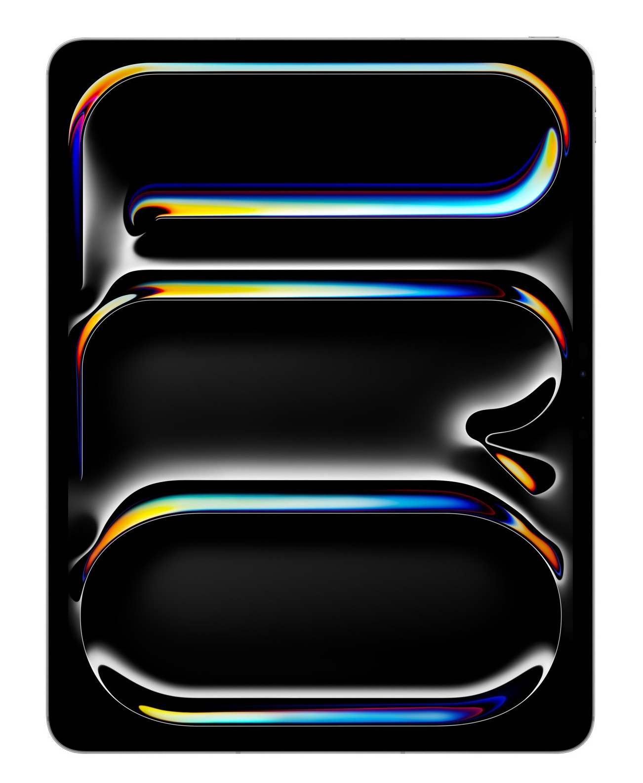 Abstrakcyjna grafika cyfrowa na czarnym tle. Zawiera trzy zakrzywione prostokątne kształty z kolorowymi krawędziami i białymi obramowaniami.