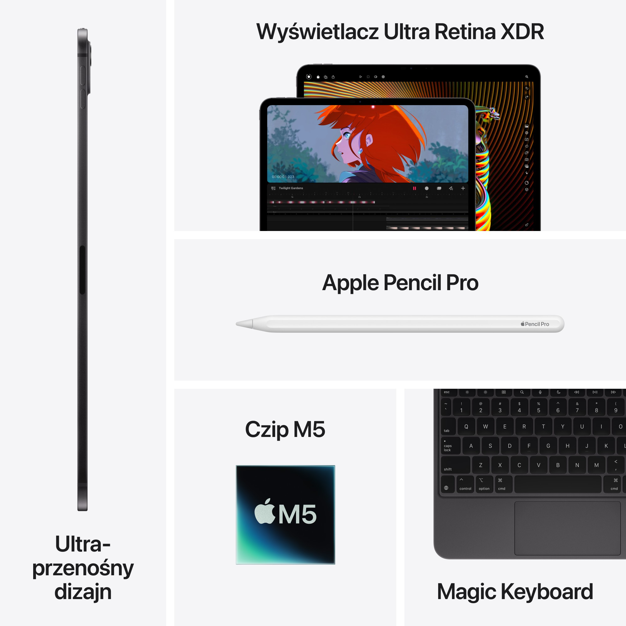Obraz przedstawia iPada z wideo, Apple Pencil Pro, chipem M5, Magic Keyboard i opisami tekstowymi.