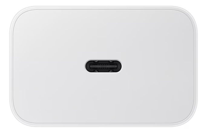 Biała, prostokątna ładowarka z zaokrąglonymi rogami i portem USB-C pośrodku.