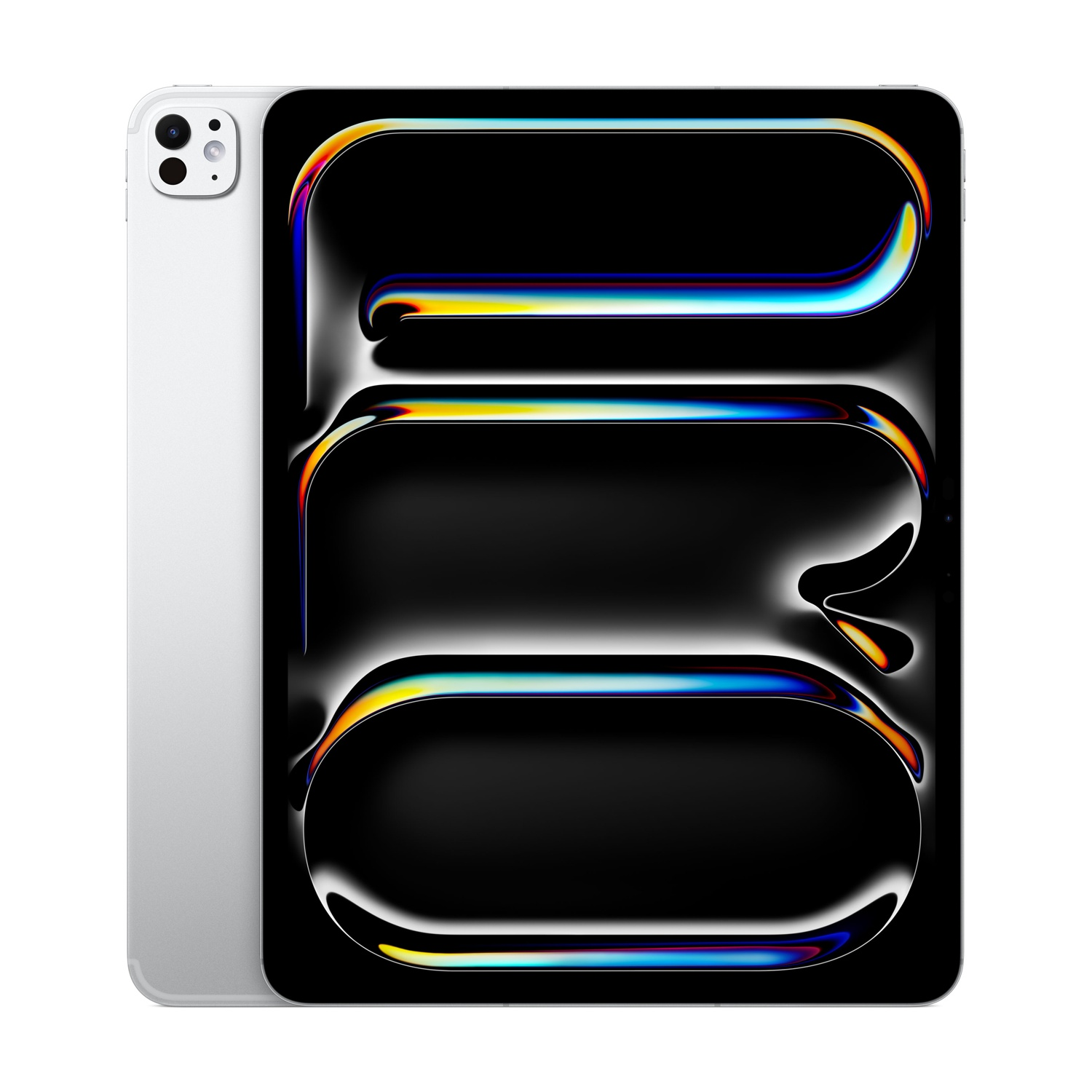 Un tablet bianco con schermo nero. Lo schermo presenta linee curve colorate. Il tablet ha una fotocamera sul retro.