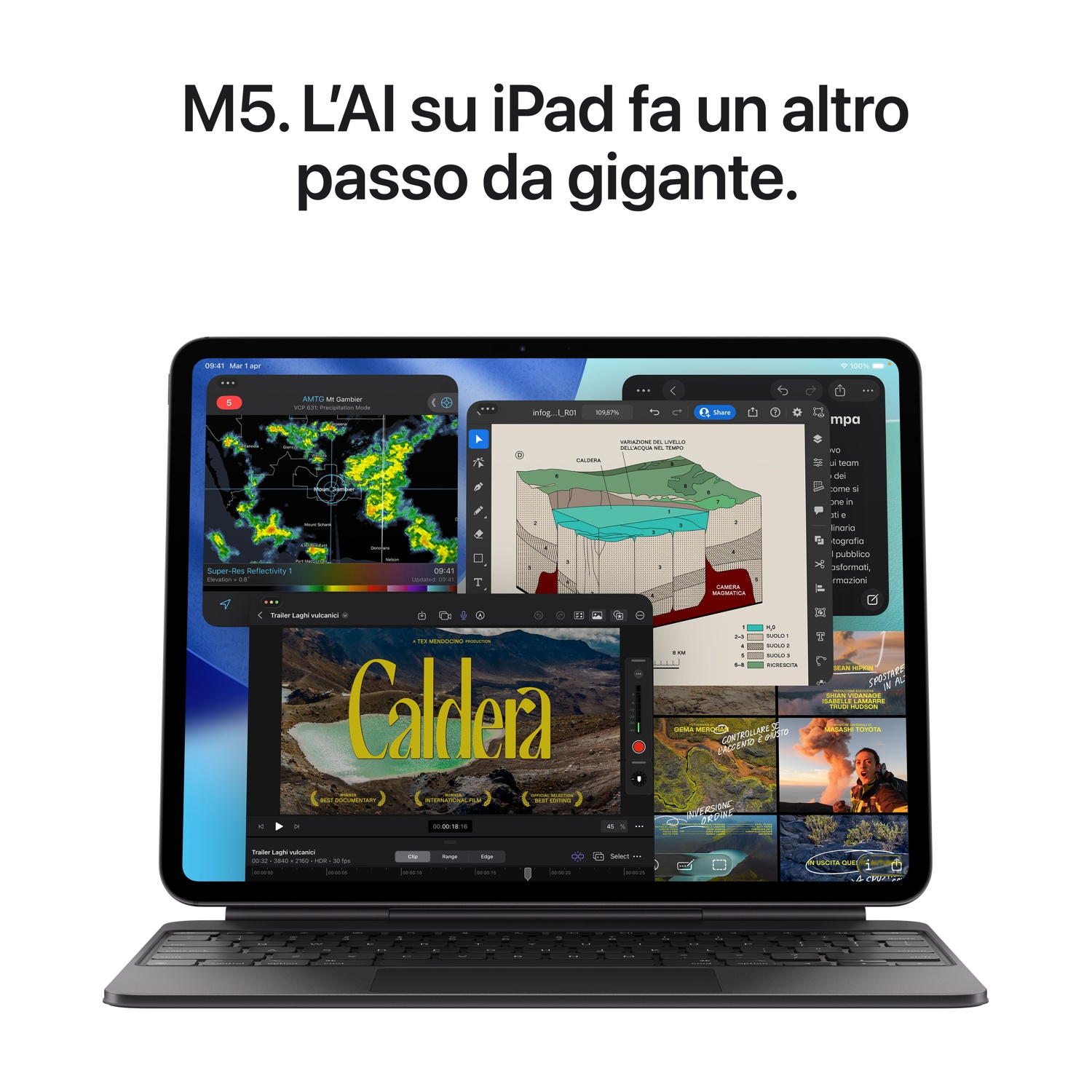 Un iPad su una tastiera mostra più app, tra cui un video intitolato 'Caldera', mappe meteorologiche e strumenti di editing.