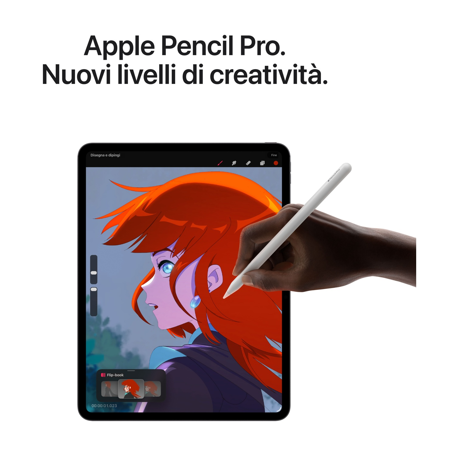 Una mano usa una Apple Pencil su un iPad, che mostra un'animazione di un personaggio anime dai capelli rossi.