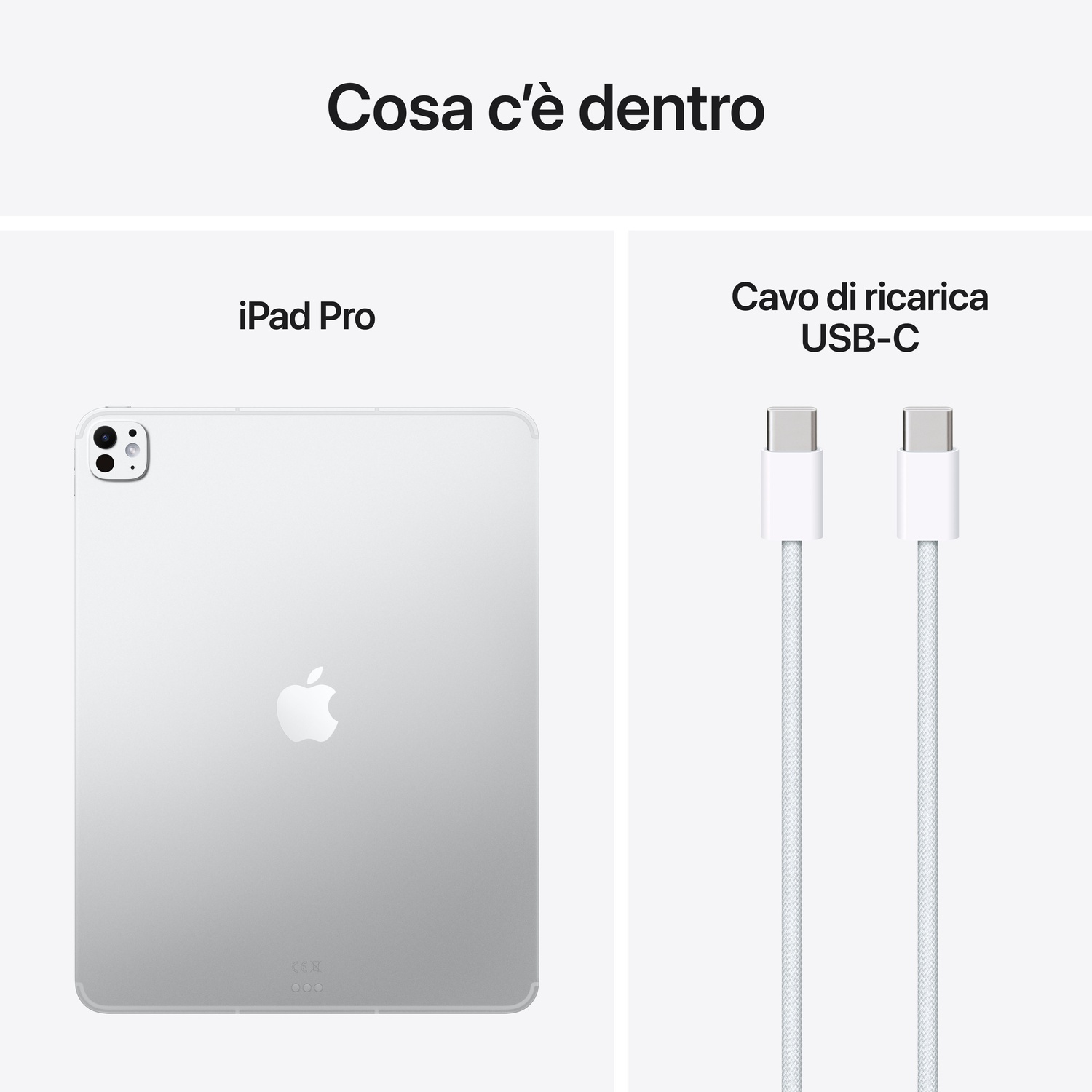 L'immagine mostra un iPad Pro e due cavi di ricarica USB-C bianchi. L'iPad è argento con il logo Apple.