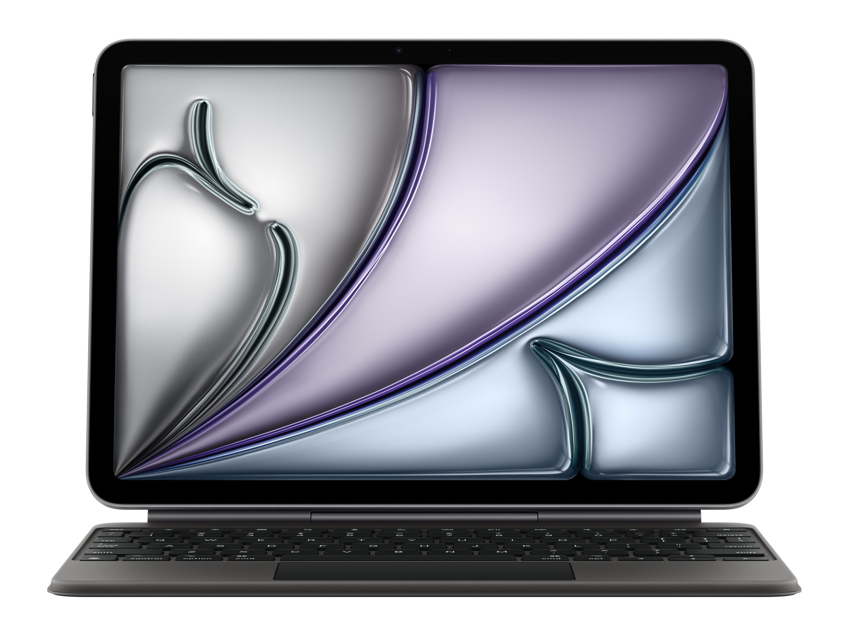 Tablet z klawiaturą. Ekran wyświetla płynny wzór srebrnych, fioletowych i niebieskich kształtów. Klawiatura jest szara.