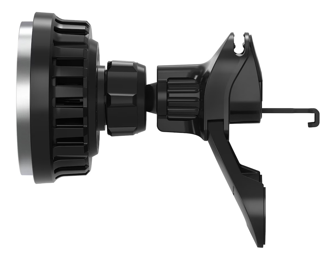 Czarny uchwyt samochodowy do telefonu. Ma okrągłą głowicę magnetyczną, przegub obrotowy i klips do wentylacji. Tło jest białe.