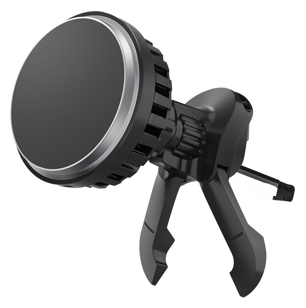 Czarny uchwyt samochodowy na telefon. Ma magnetyczną okrągłą głowicę i klipsy do mocowania w kratce wentylacyjnej.
