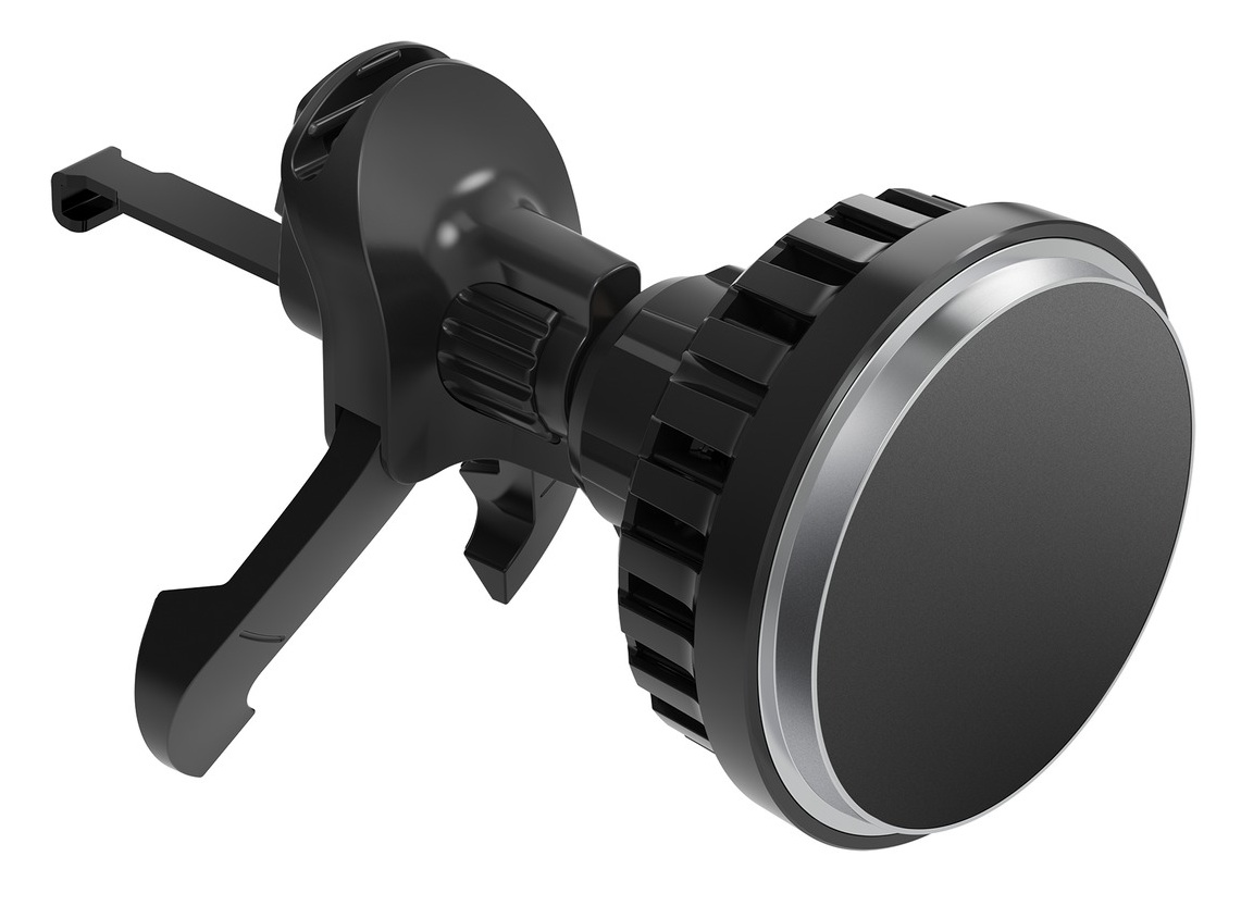 Czarny uchwyt samochodowy na telefon. Ma magnetyczną podstawę i klipsy do wentylacji. Uchwyt jest zamontowany na białym tle.