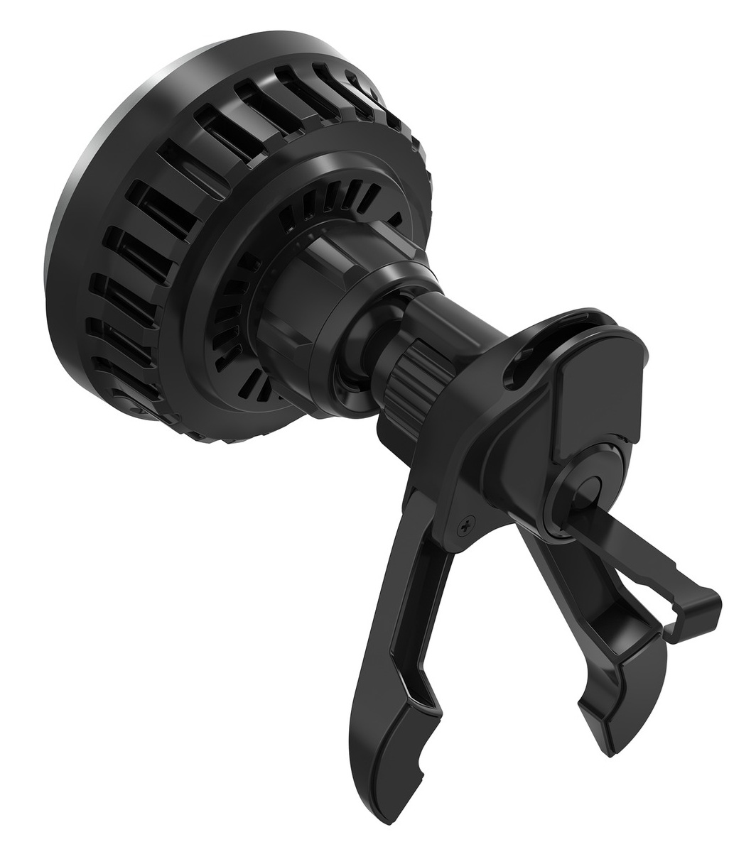 Czarny uchwyt do telefonu samochodowego. Ma okrągłą podstawę z otworami wentylacyjnymi, ramię łączące i sprężynowe ramiona chwytające.