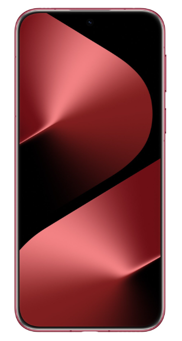 Czerwony smartfon z gradientem na ekranie. Ekran ma czarny obszar. Telefon ma wąską ramkę.