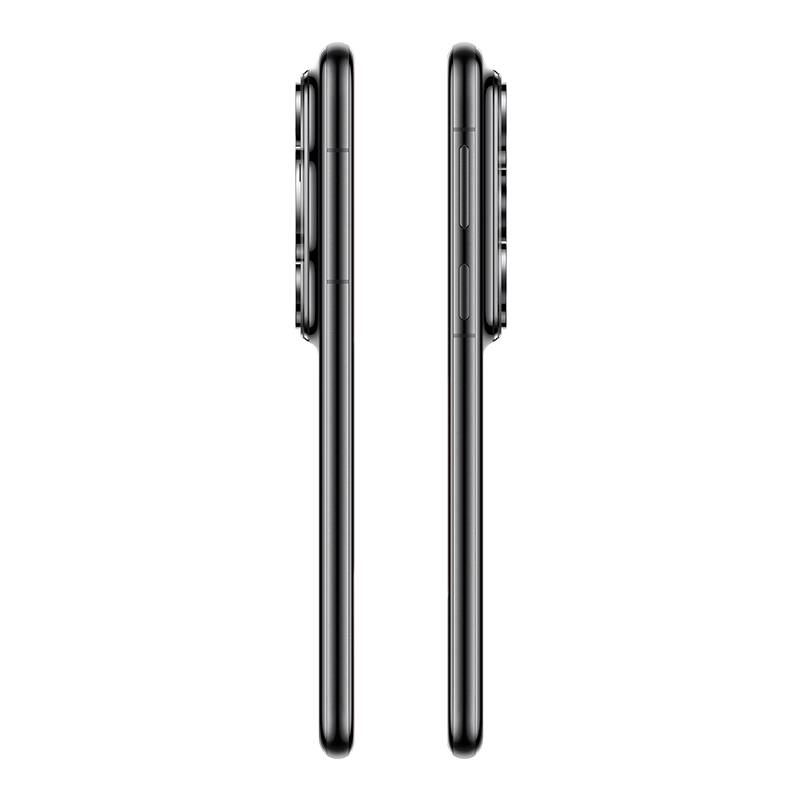 Dwa czarne smartfony pokazane obok siebie. Jeden pokazuje aparat i przyciski, drugi profil boczny.