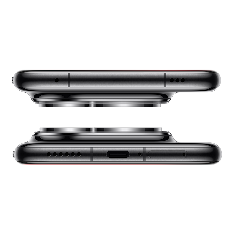 Dwa czarne smartfony ułożone jeden na drugim, pokazujące profile boczne. Jeden ma otwory, drugi port USB-C. Oba mają czerwone akcenty.