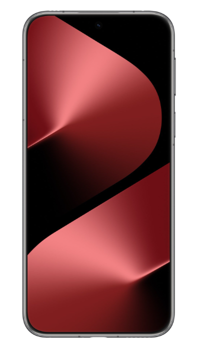 Smartfon wyświetla na ekranie czerwony gradient. Telefon ma srebrną ramkę i czarną obwódkę.