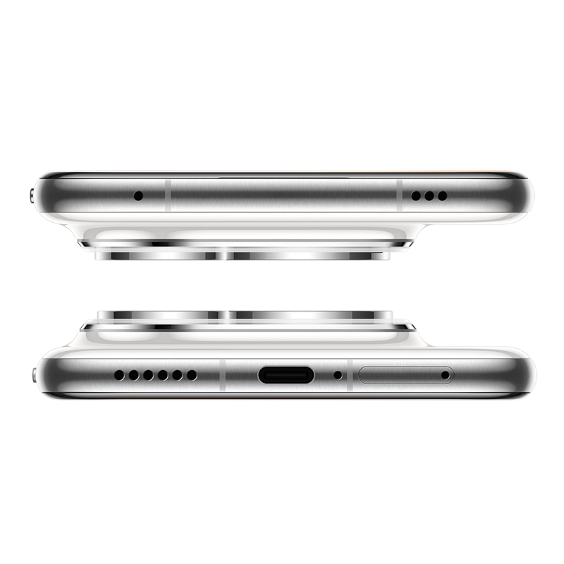 Dwa srebrne smartfony, jeden nad drugim, pokazujące górną i dolną krawędź. Każdy ma porty, przyciski i otwory głośnikowe.