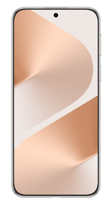 Smartfon z zakrzywionym ekranem. Ma złote i białe gradientowe tło. Na górze widoczny jest aparat.